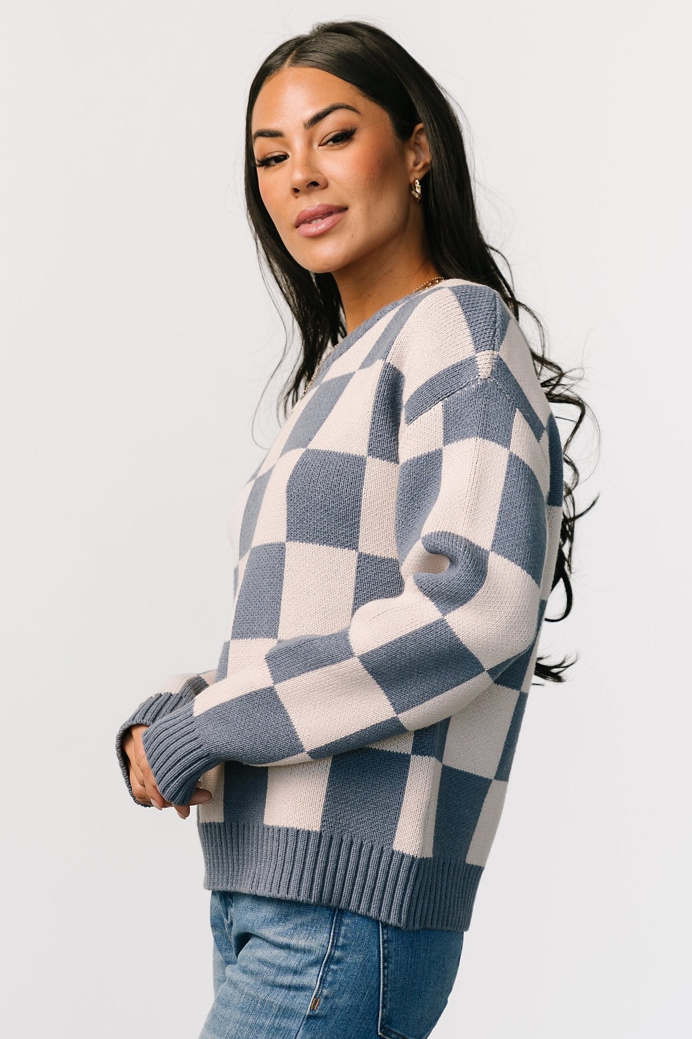 Blue Checkered Sweater for Women – Quincy Cotton Blend Cozy Pullover