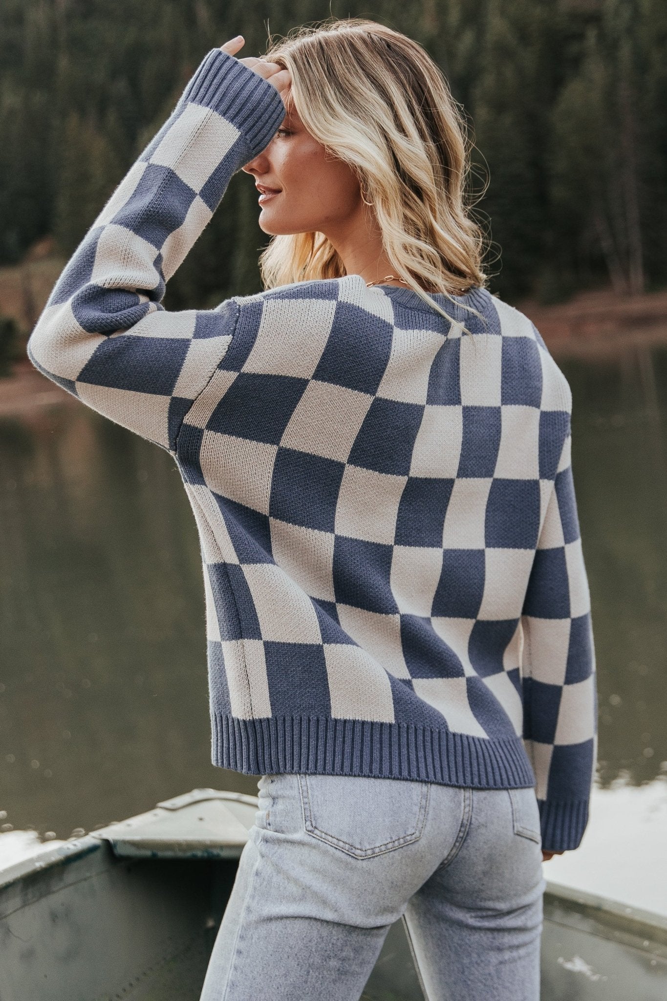 Blue Checkered Sweater for Women – Quincy Cotton Blend Cozy Pullover
