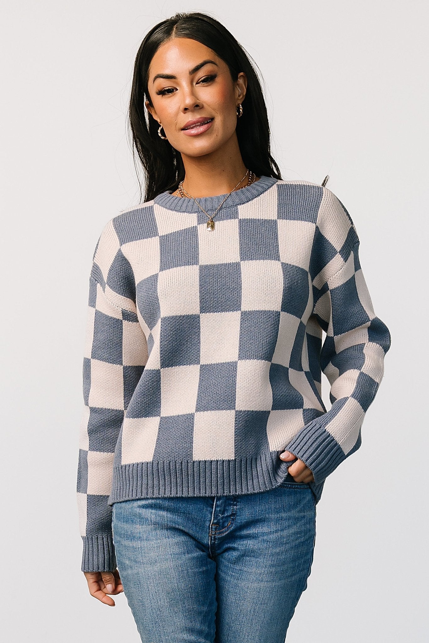 Blue Checkered Sweater for Women – Quincy Cotton Blend Cozy Pullover