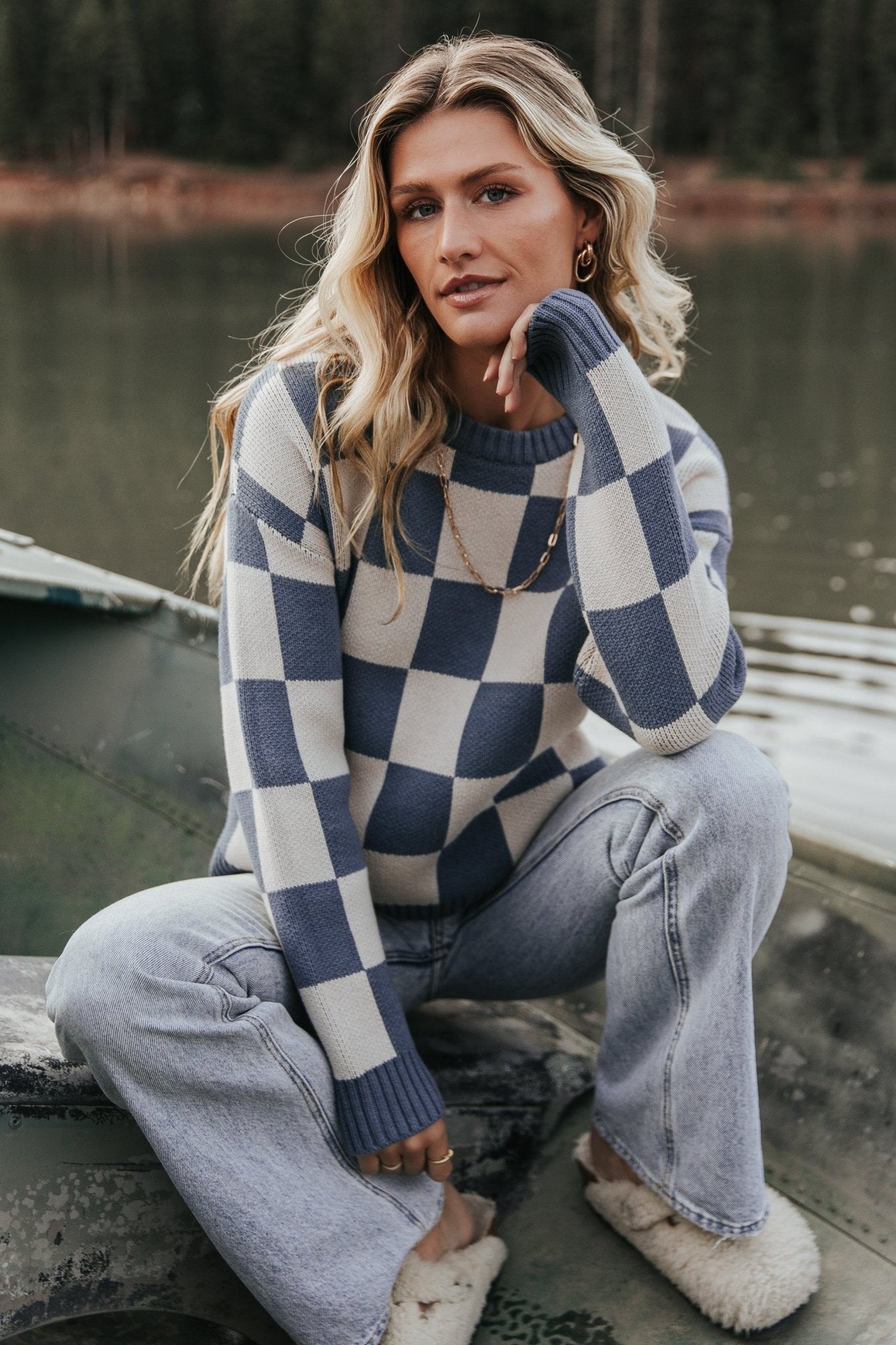 Blue Checkered Sweater for Women – Quincy Cotton Blend Cozy Pullover