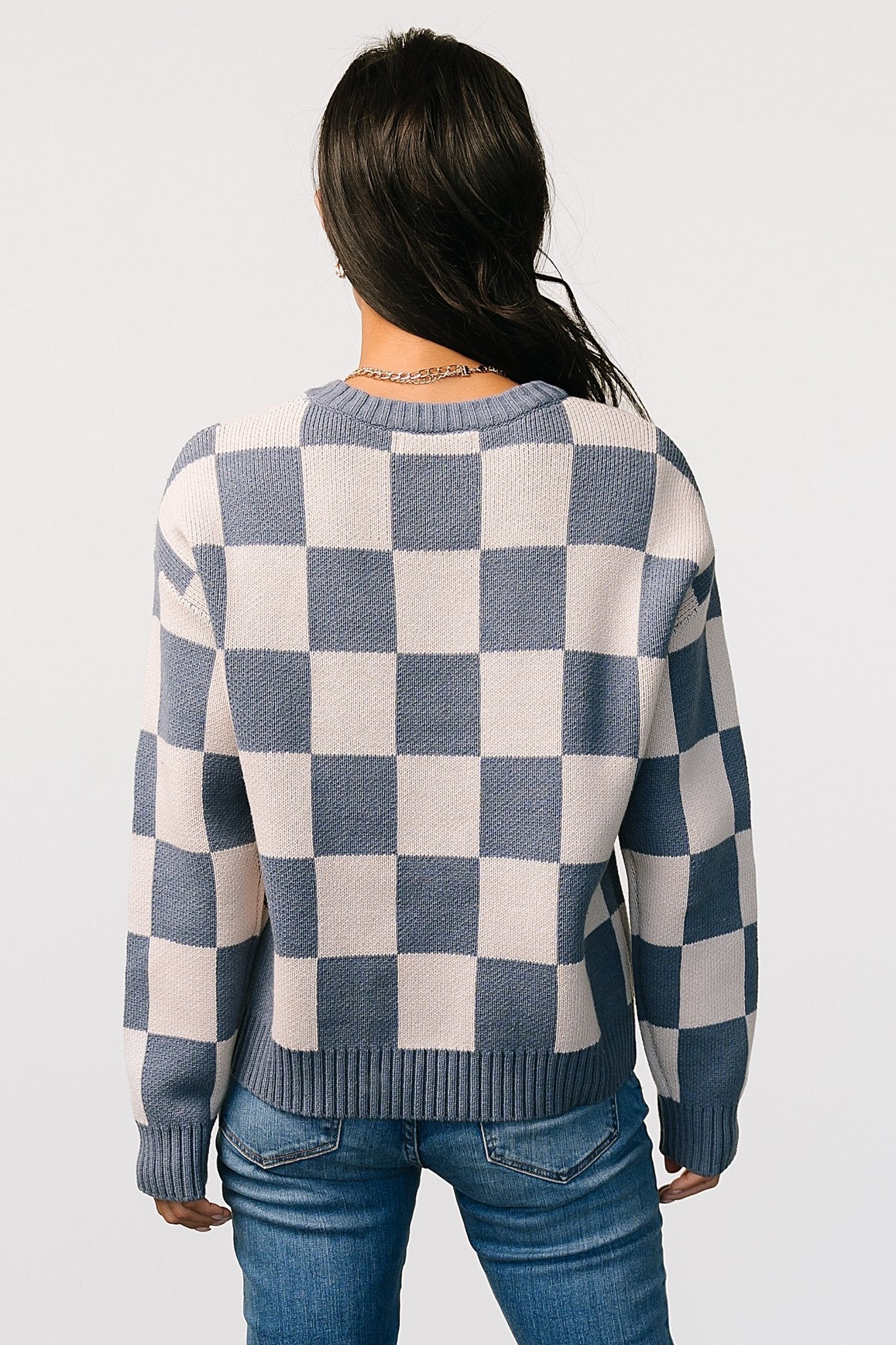 Blue Checkered Sweater for Women – Quincy Cotton Blend Cozy Pullover