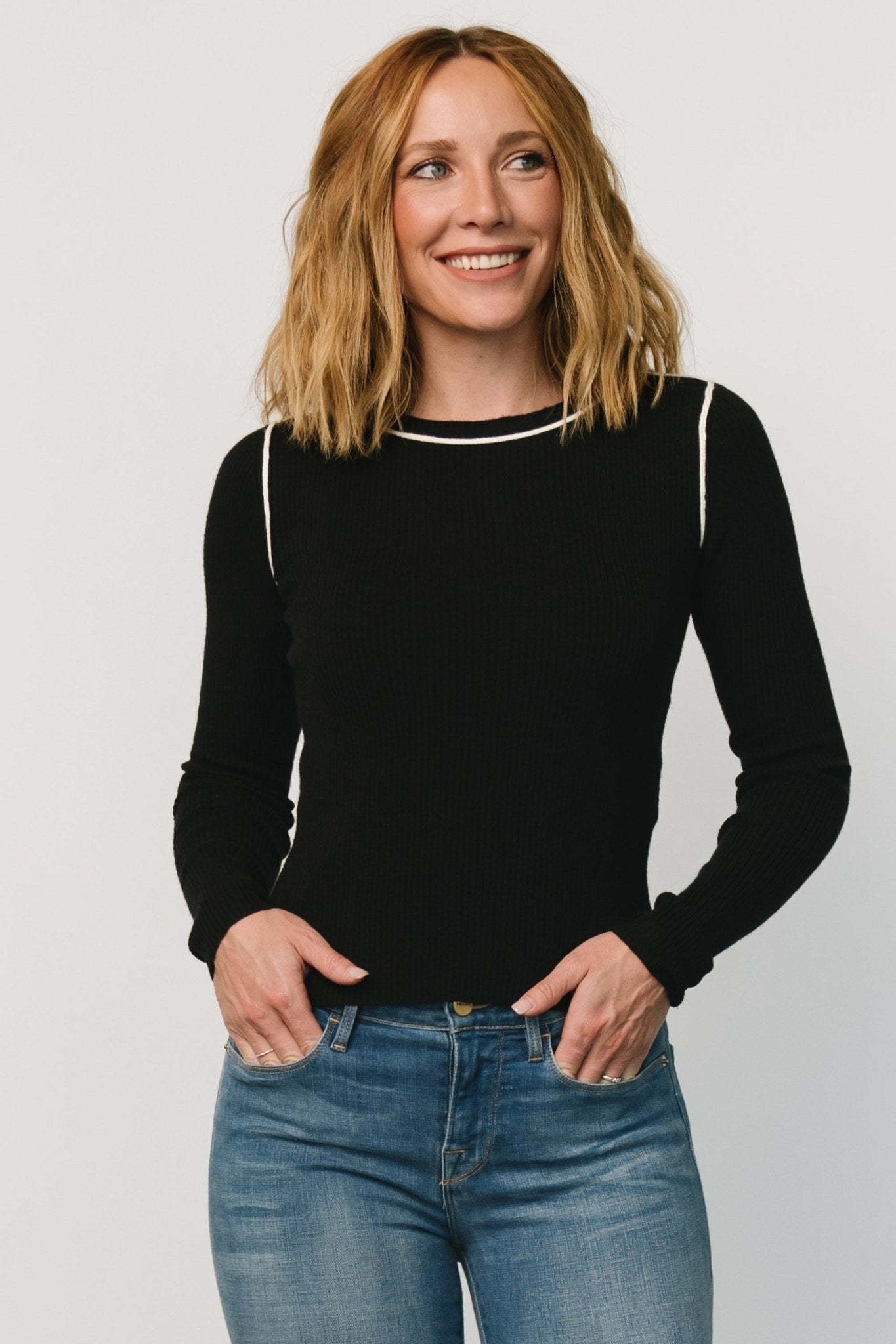 Quinlan Black Ribbed Knit Top with Cream Piping | Soft Stretch Fit