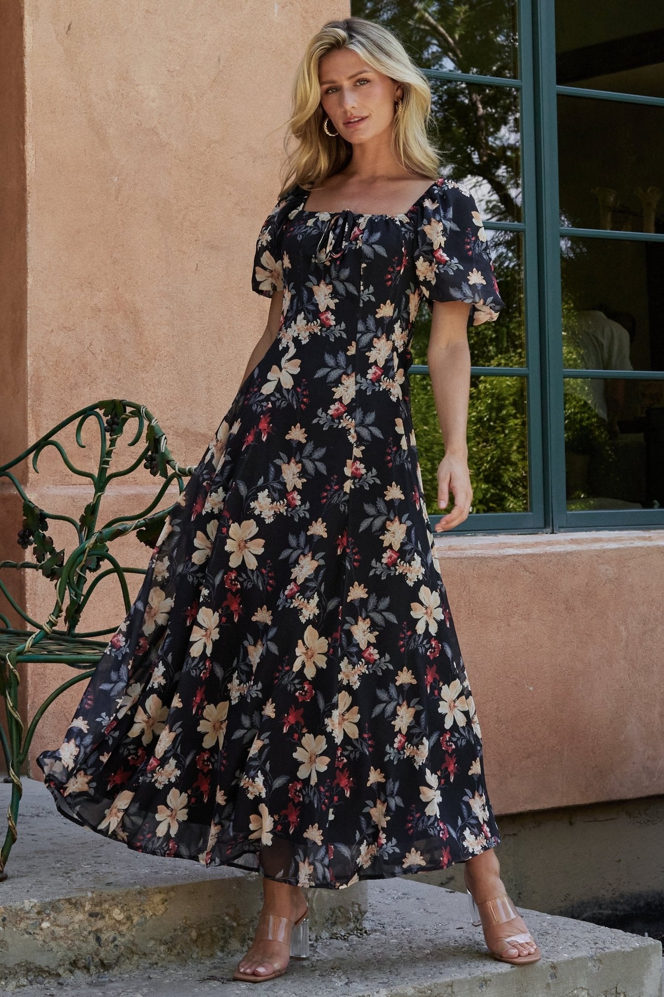 Baltic Born Black Floral Maxi Dress with Square Neck & Puff Sleeves