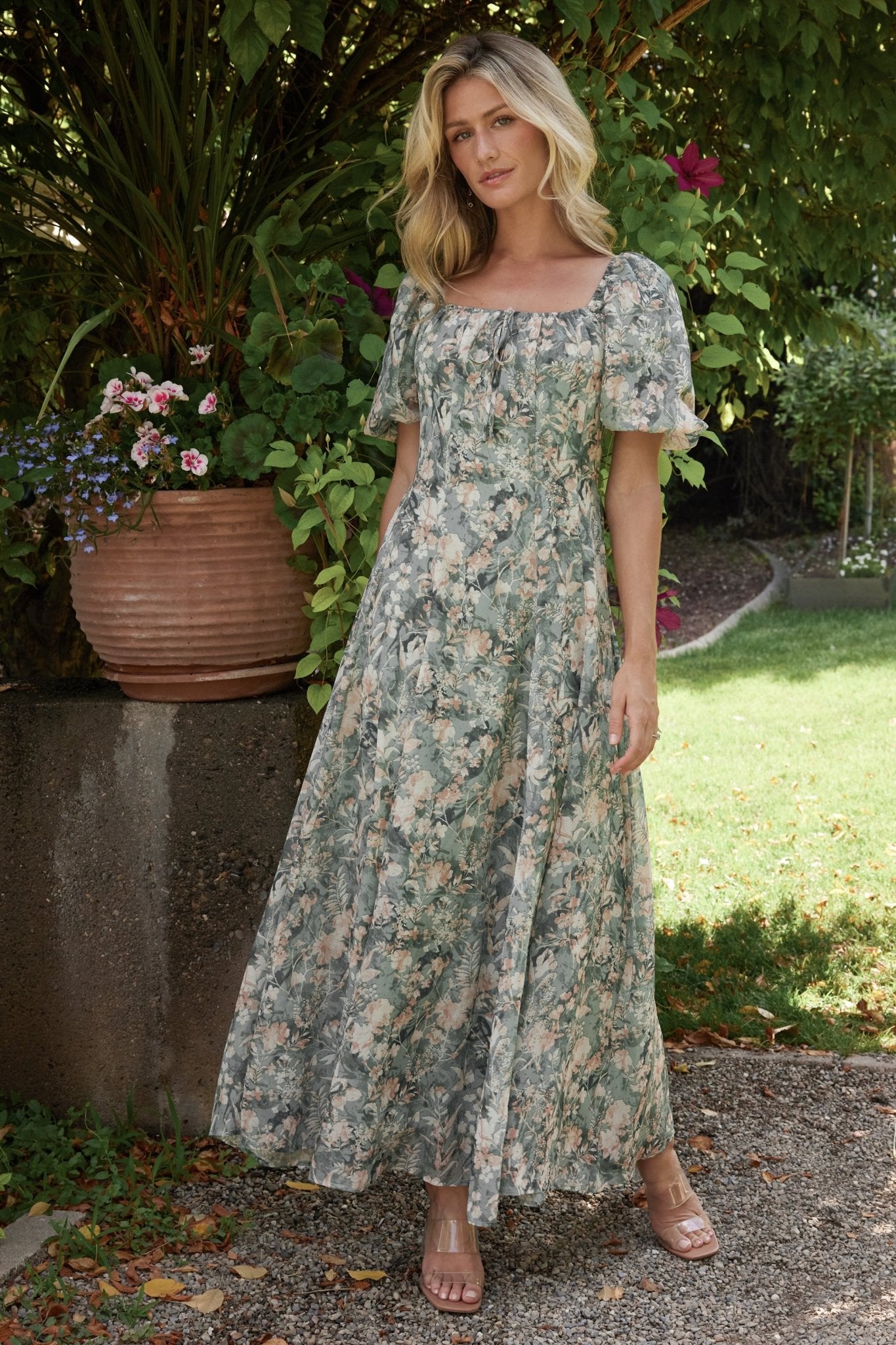 Baltic Born Sage Floral Maxi Dress with Square Neckline & Puff Sleeves