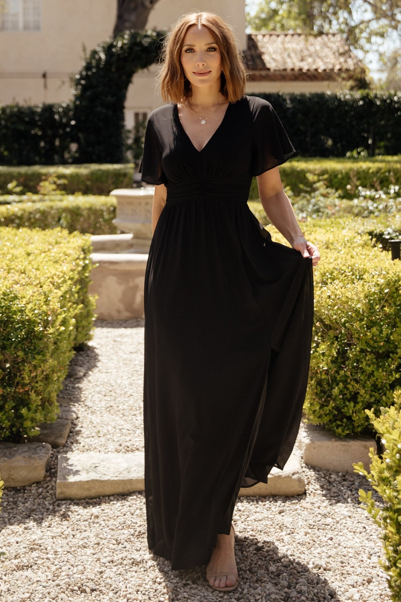 Black Chiffon Maxi Dress with V-Neck & Flutter Sleeves – Baltic Born