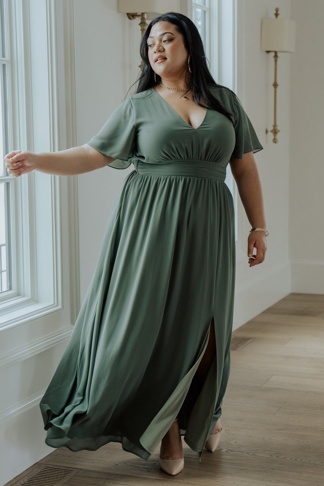 Baltic Born Dark Sage Maxi Dress with V-Neck & Flutter Sleeves