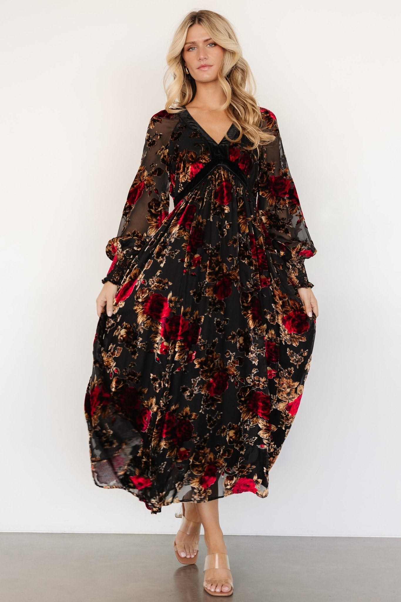 Black Velvet Floral Dress with V-Neck & Long Sleeves | Adele