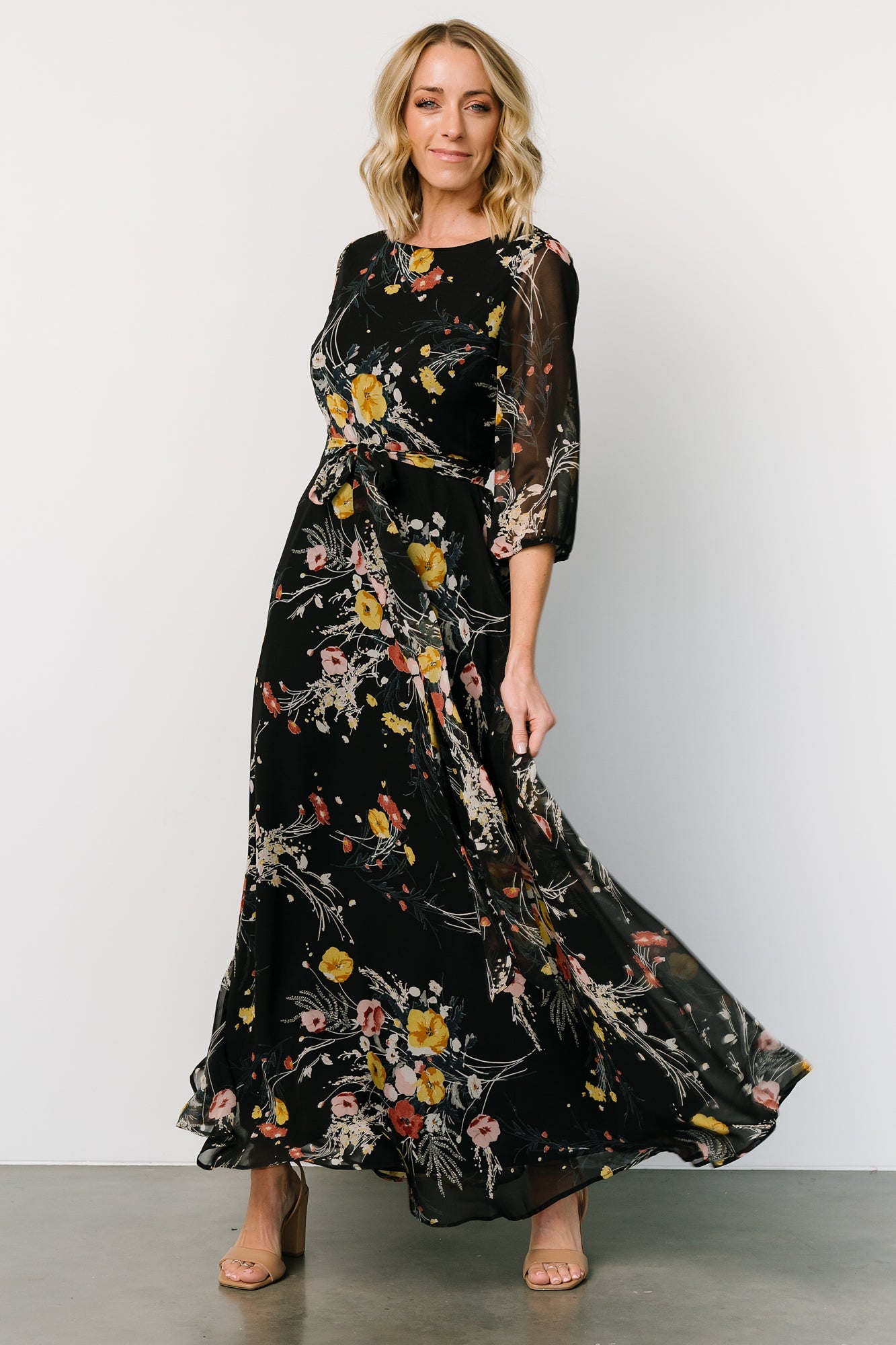 Botanical Floral Rebecca Maxi Dress with Keyhole Back & Belt Tie