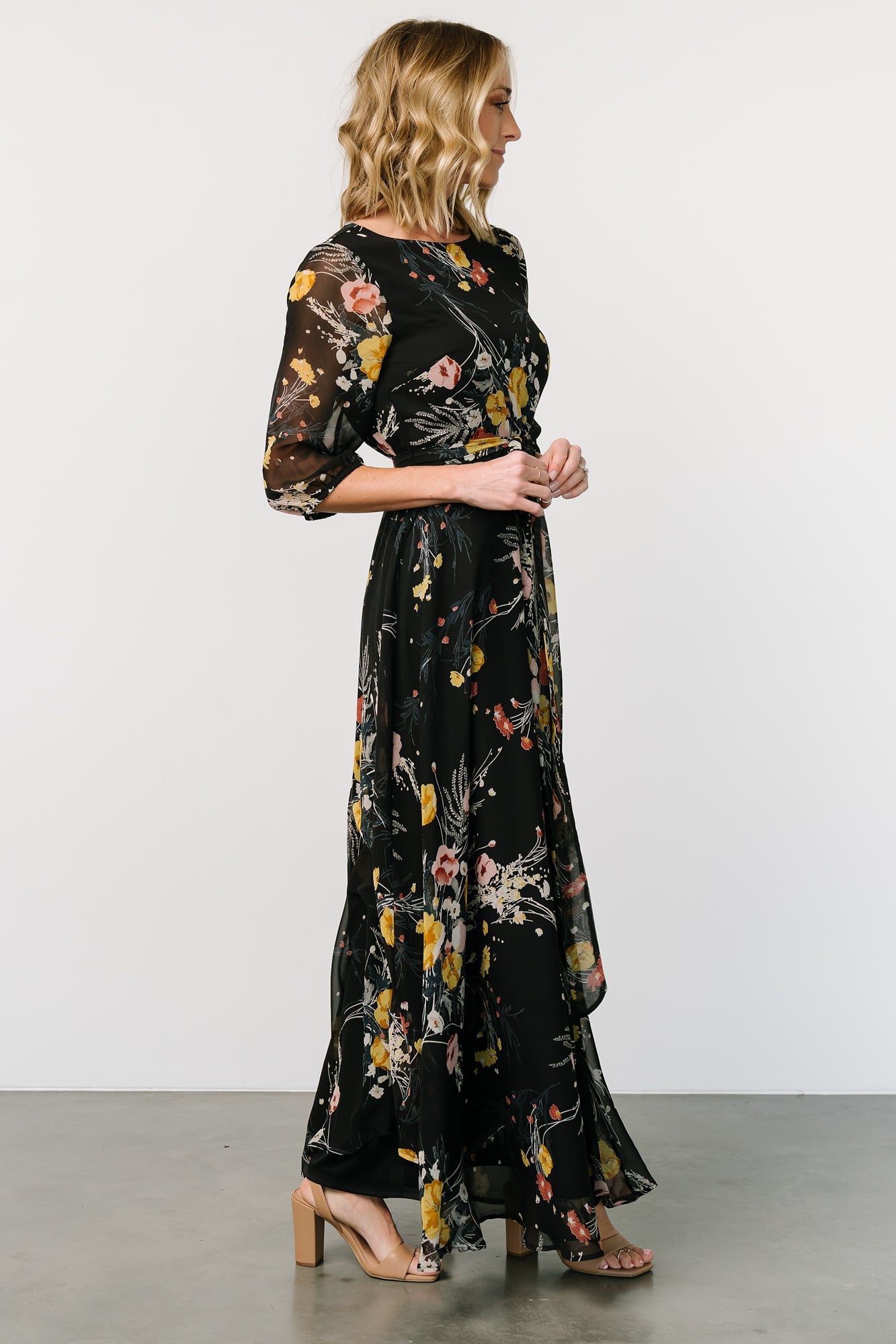 Botanical Floral Rebecca Maxi Dress with Keyhole Back & Belt Tie