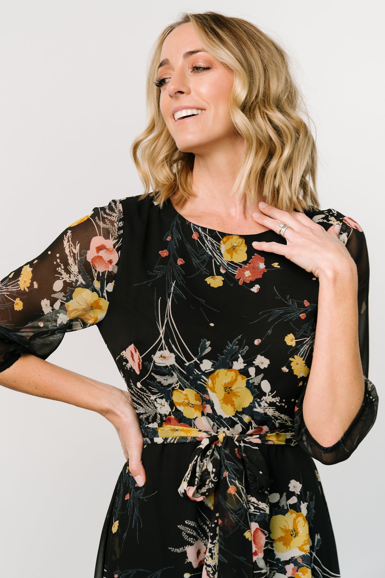 Botanical Floral Rebecca Maxi Dress with Keyhole Back & Belt Tie