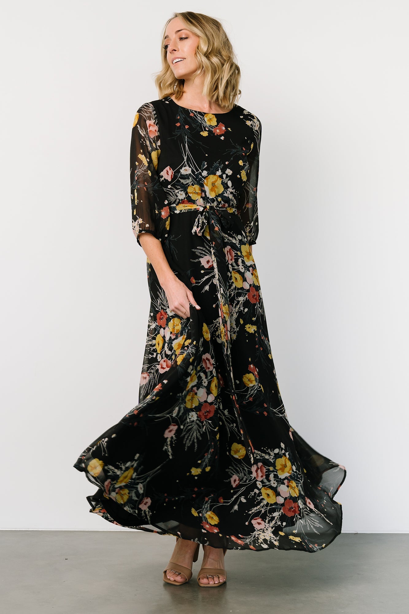 Botanical Floral Rebecca Maxi Dress with Keyhole Back & Belt Tie