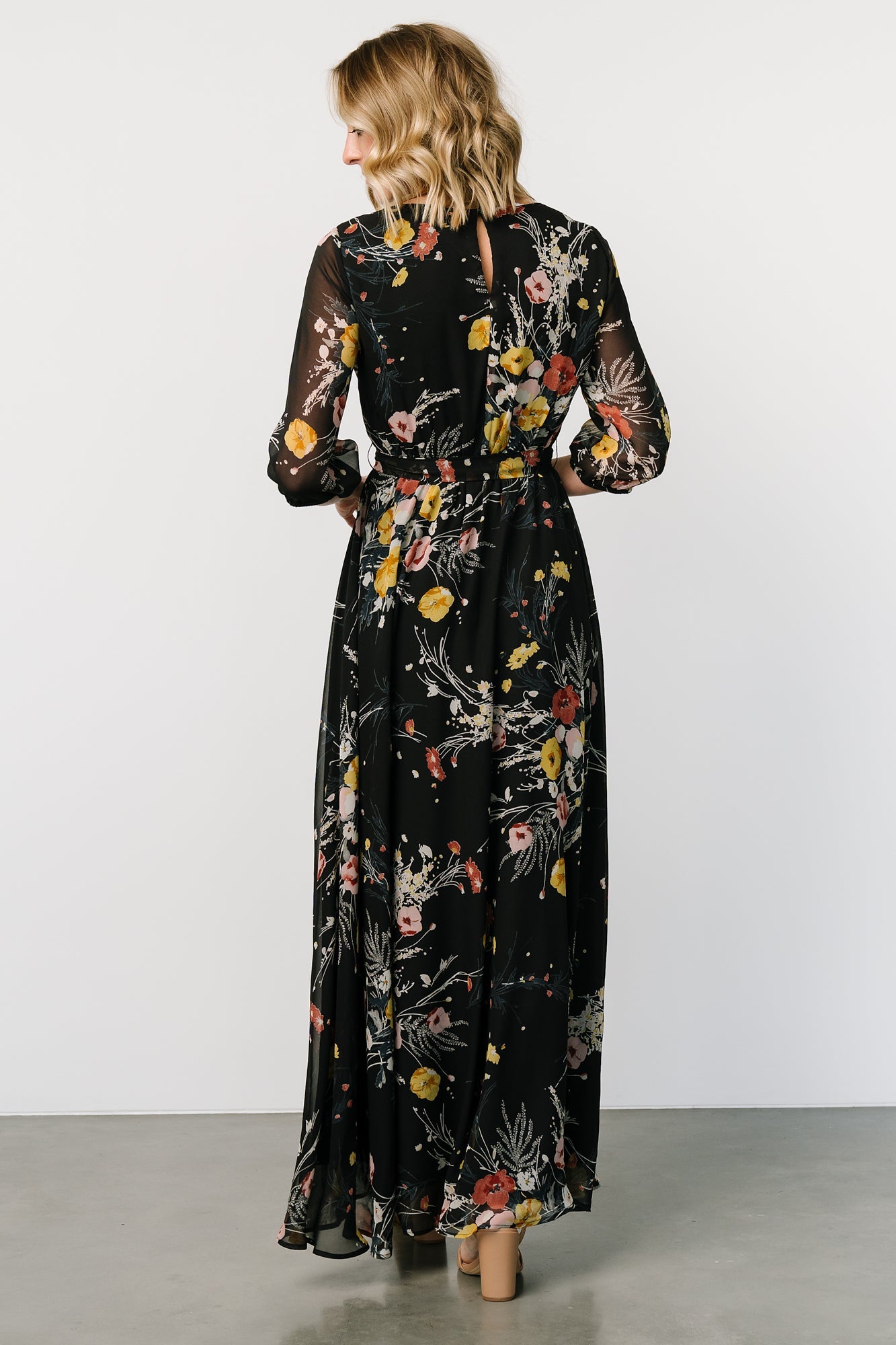 Botanical Floral Rebecca Maxi Dress with Keyhole Back & Belt Tie
