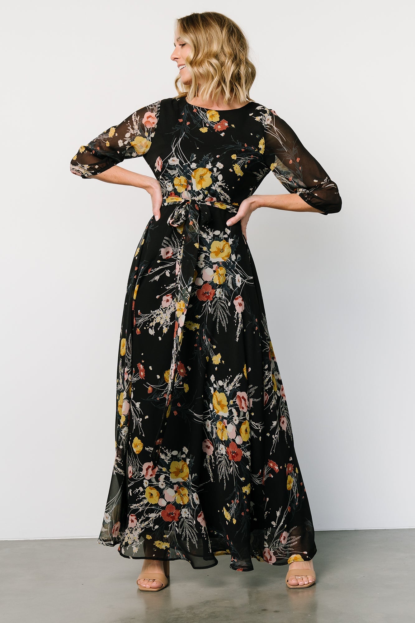 Botanical Floral Rebecca Maxi Dress with Keyhole Back & Belt Tie