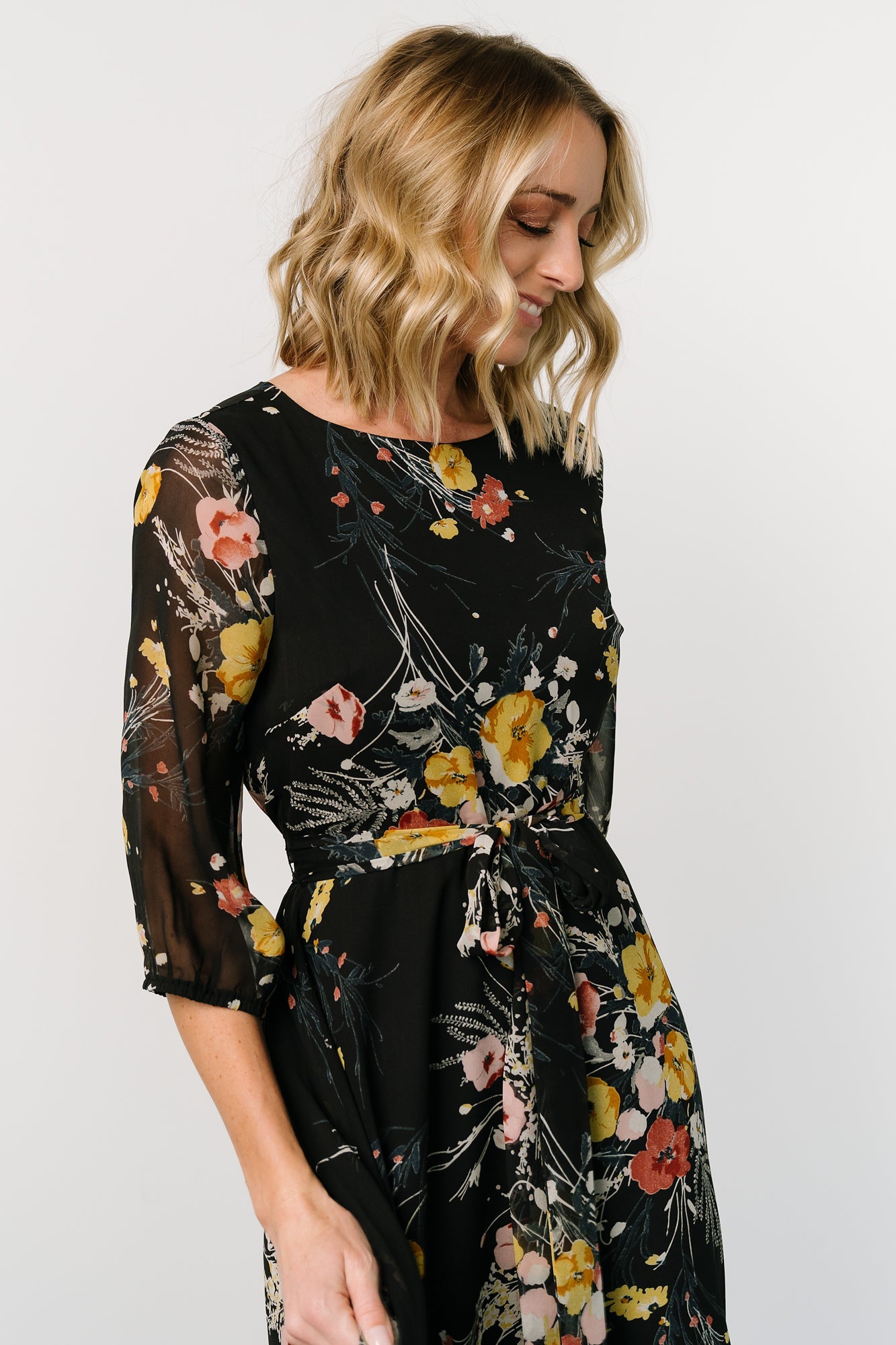 Botanical Floral Rebecca Maxi Dress with Keyhole Back & Belt Tie