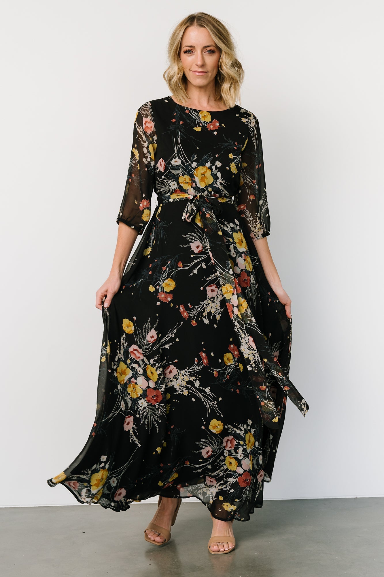 Botanical Floral Rebecca Maxi Dress with Keyhole Back & Belt Tie