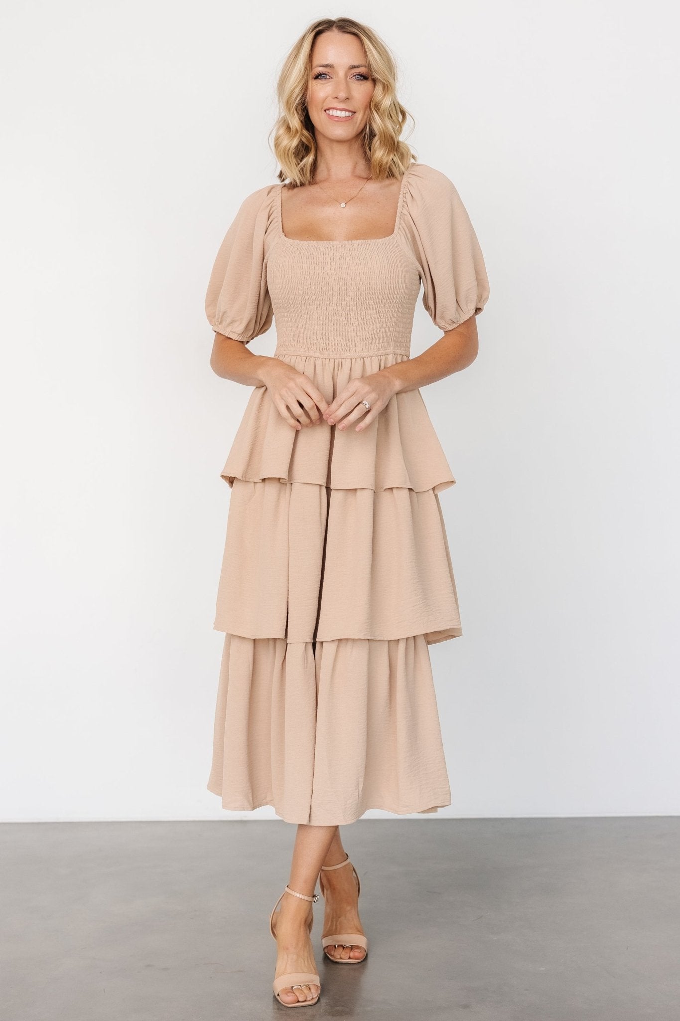 Ashbourne Taupe Tiered Midi Dress with Square Neckline
