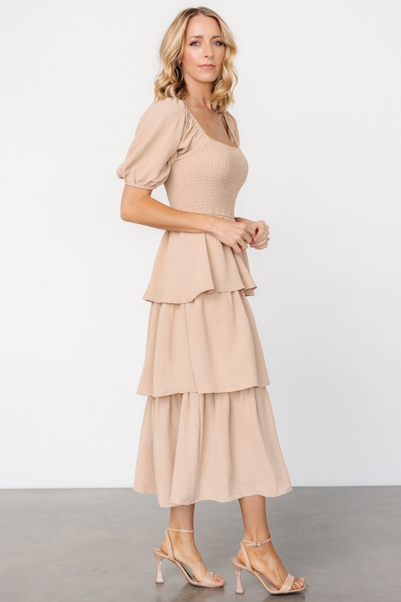 Ashbourne Taupe Tiered Midi Dress with Square Neckline