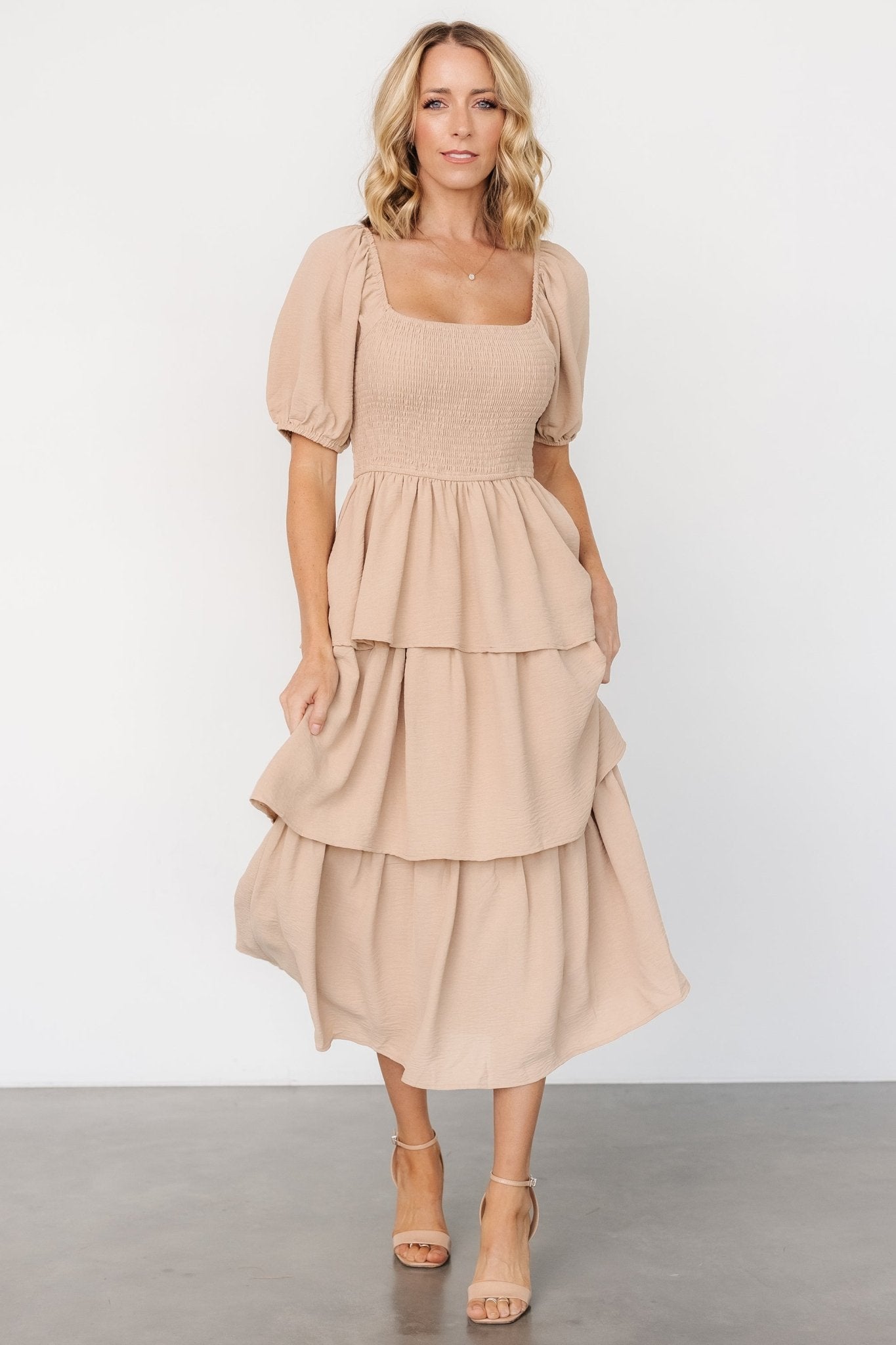 Ashbourne Taupe Tiered Midi Dress with Square Neckline