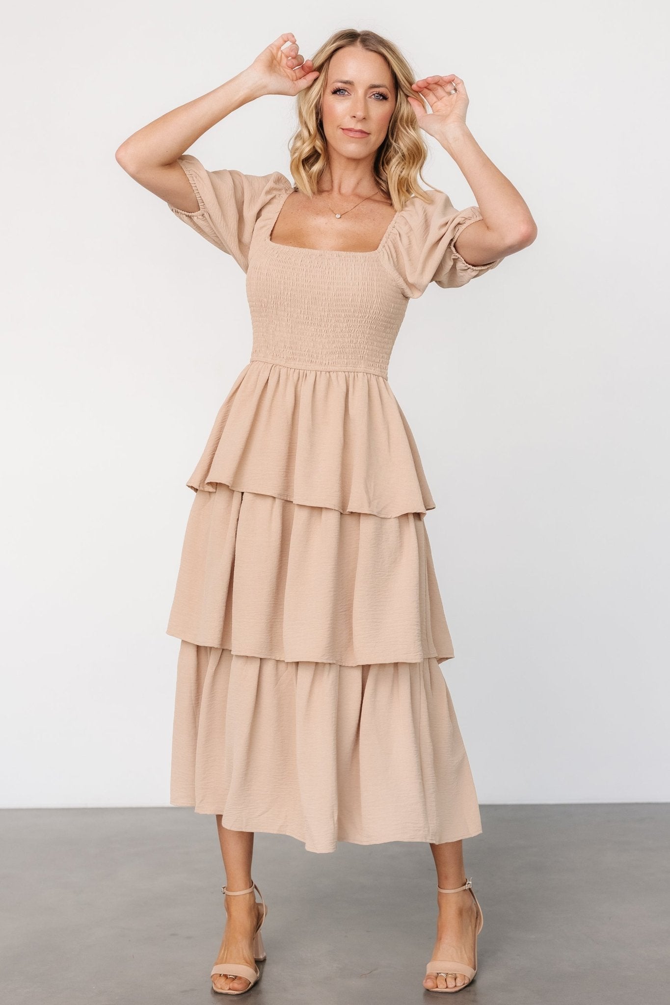 Ashbourne Taupe Tiered Midi Dress with Square Neckline