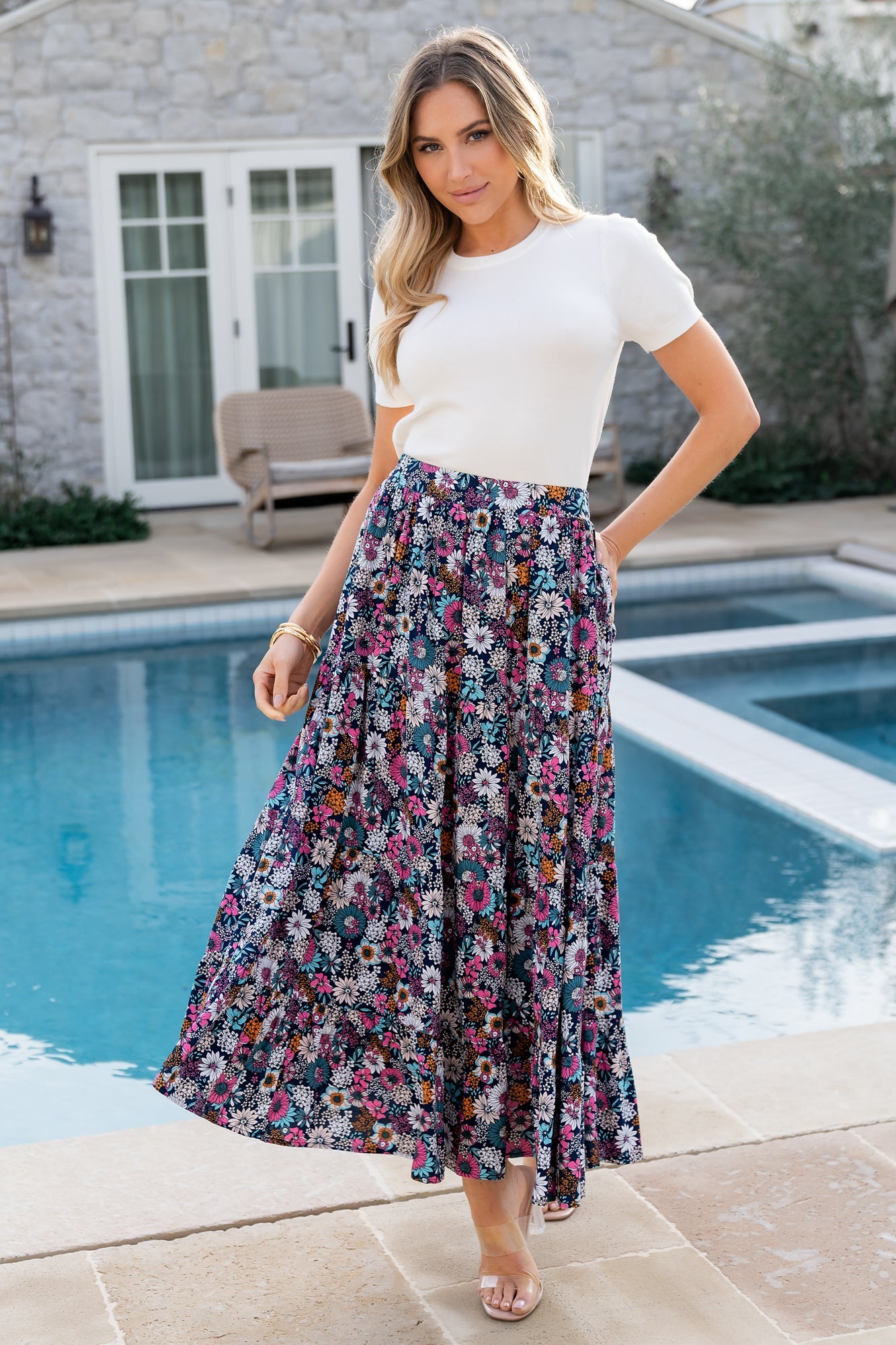 Baltic Born Reilly Floral Maxi Skirt with Pockets - Navy Blue