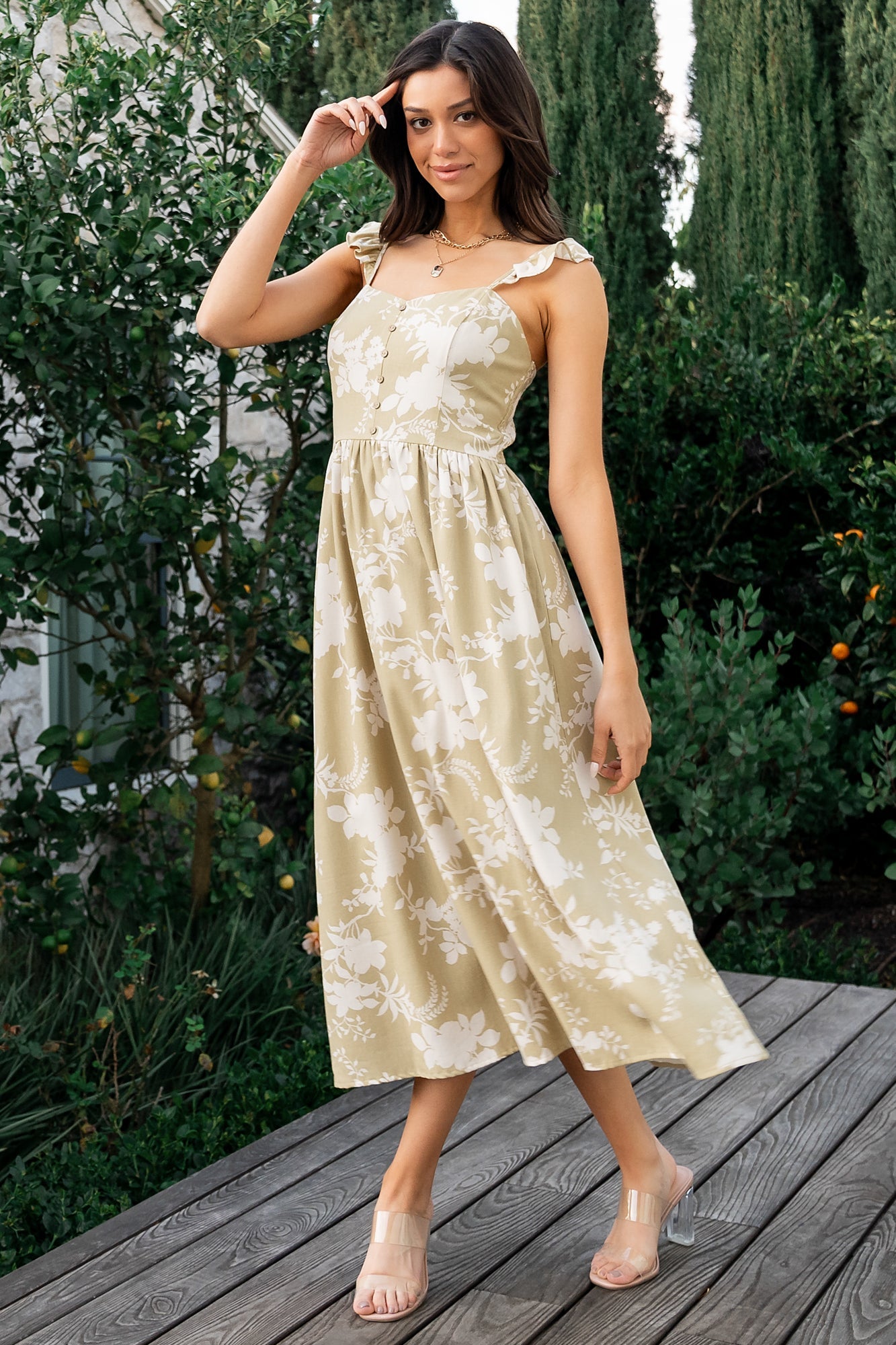 Vintage Sage Green Button Top Dress with Smocked Back & Pockets