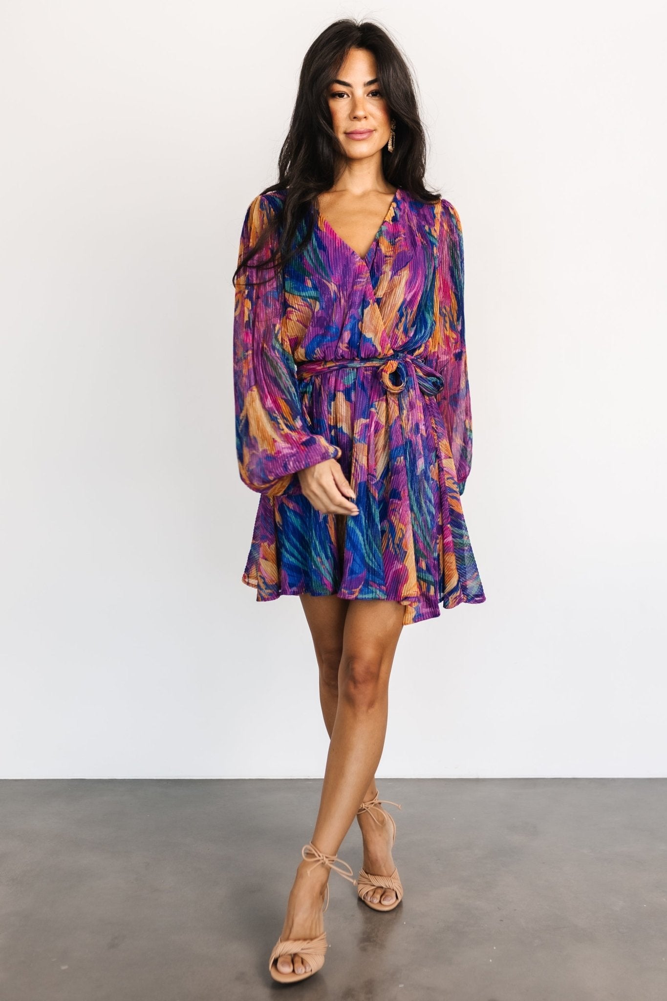 Baltic Born Blue Multi Pleated Mini Dress with Tie Waist