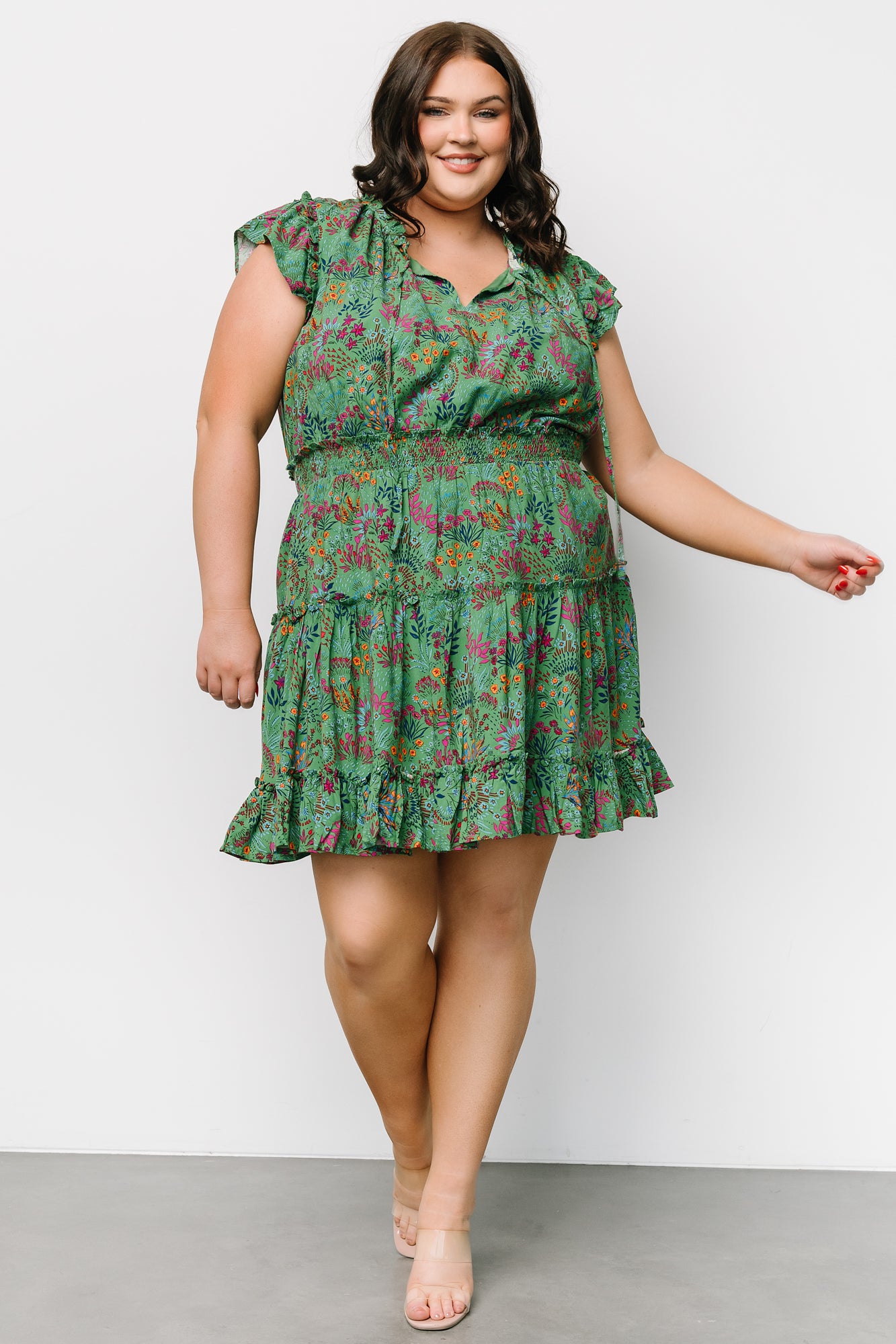 Green Multi Floral Rio Short Dress with Ruffle Sleeves & Tiered Skirt