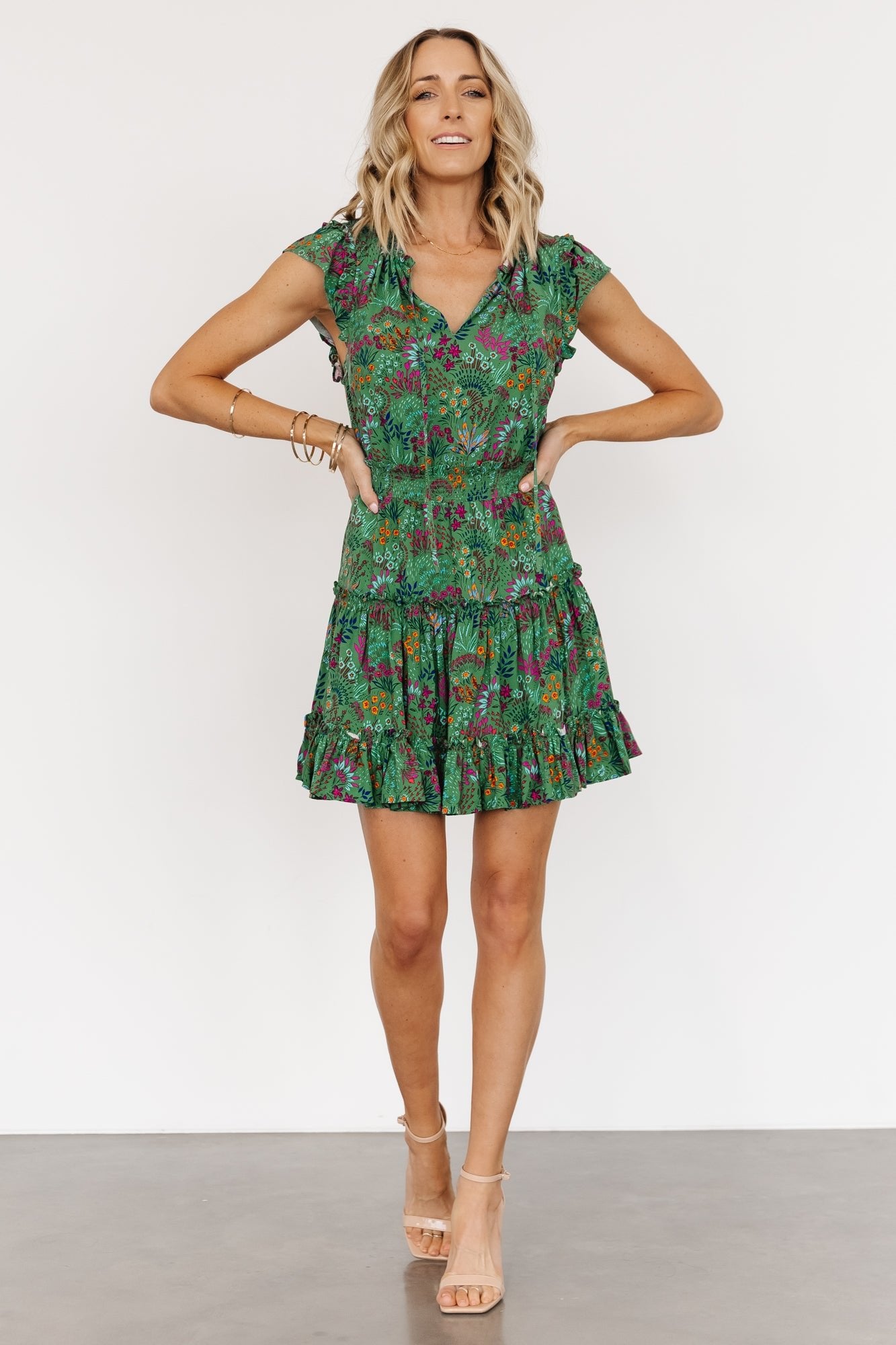 Green Multi Floral Rio Short Dress with Ruffle Sleeves & Tiered Skirt
