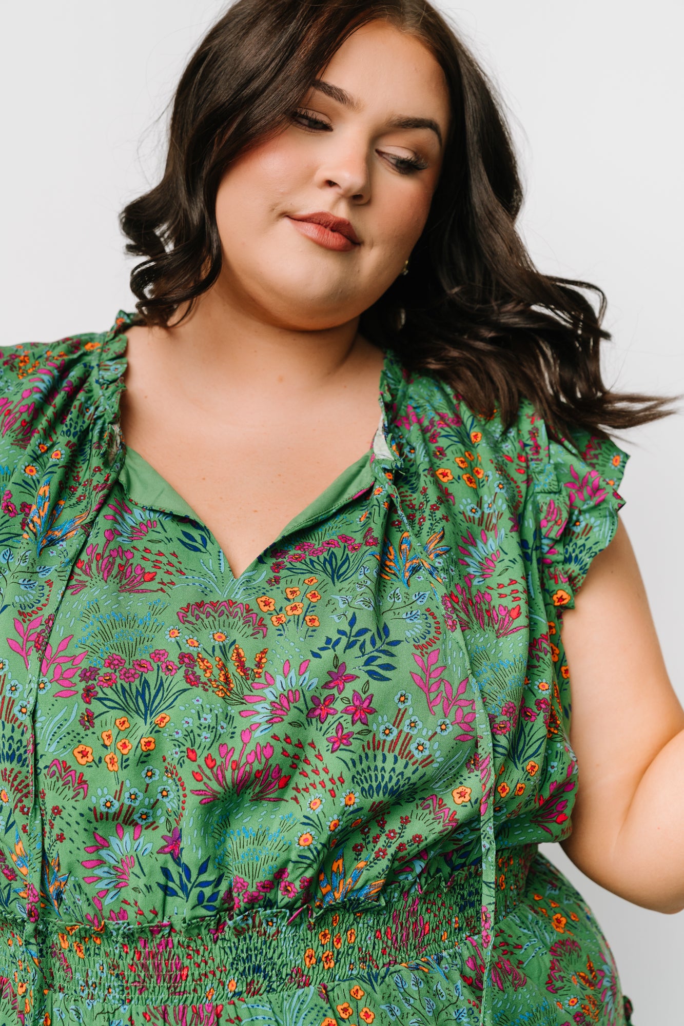 Green Multi Floral Rio Short Dress with Ruffle Sleeves & Tiered Skirt