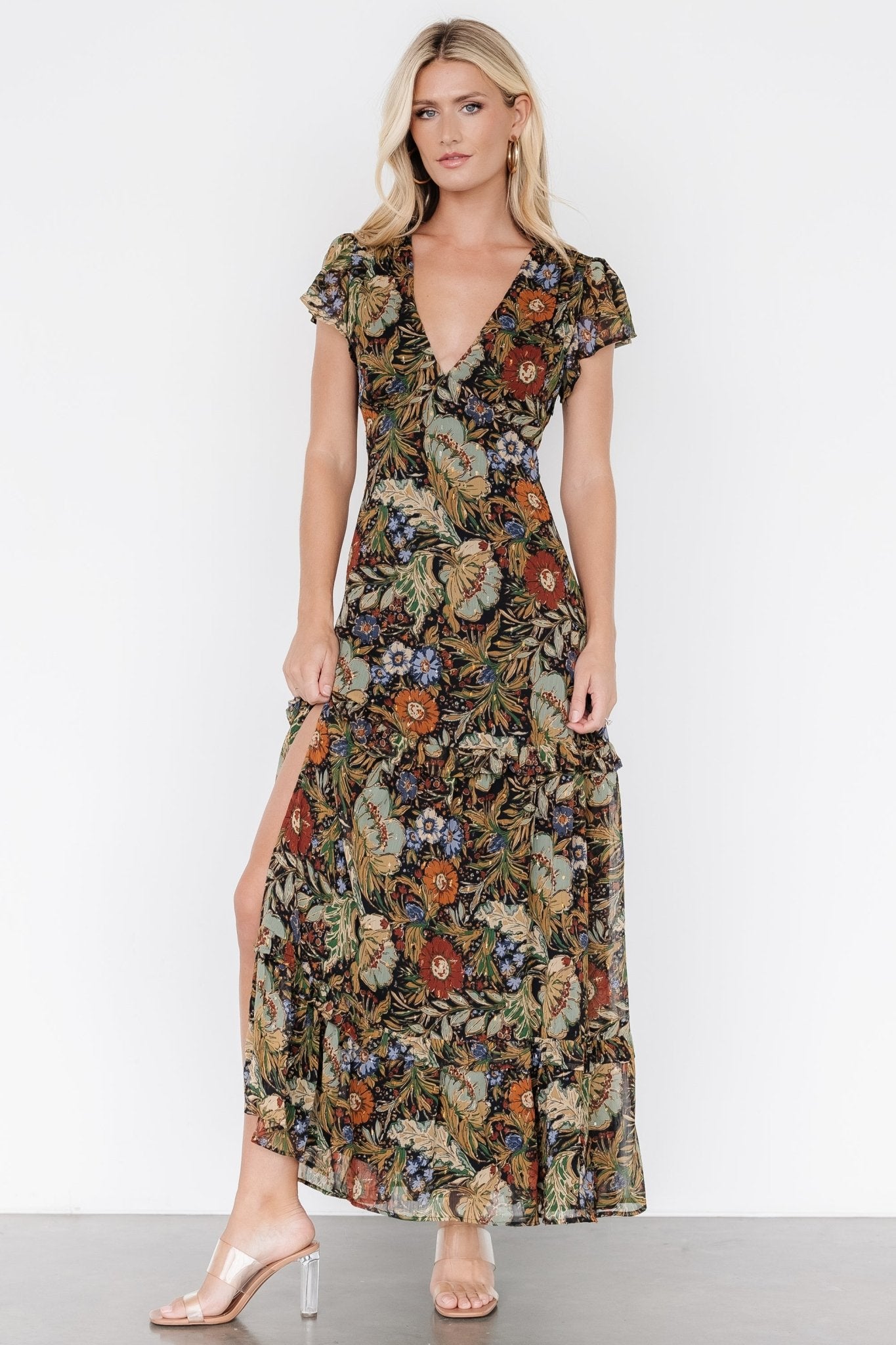 Riverwood Floral V-Neck Maxi Dress with Slit & Ruffle Skirt