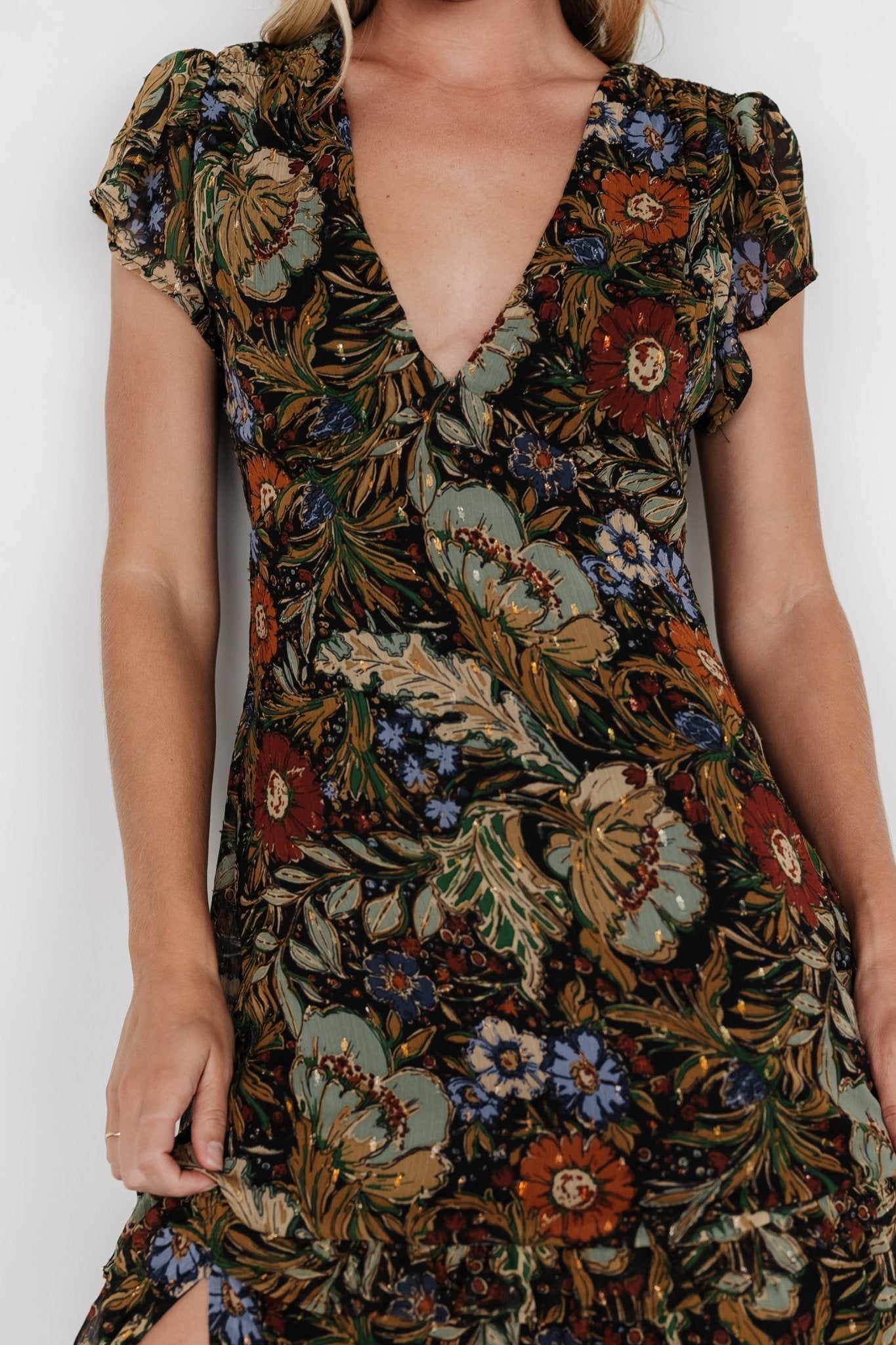 Riverwood Floral V-Neck Maxi Dress with Slit & Ruffle Skirt