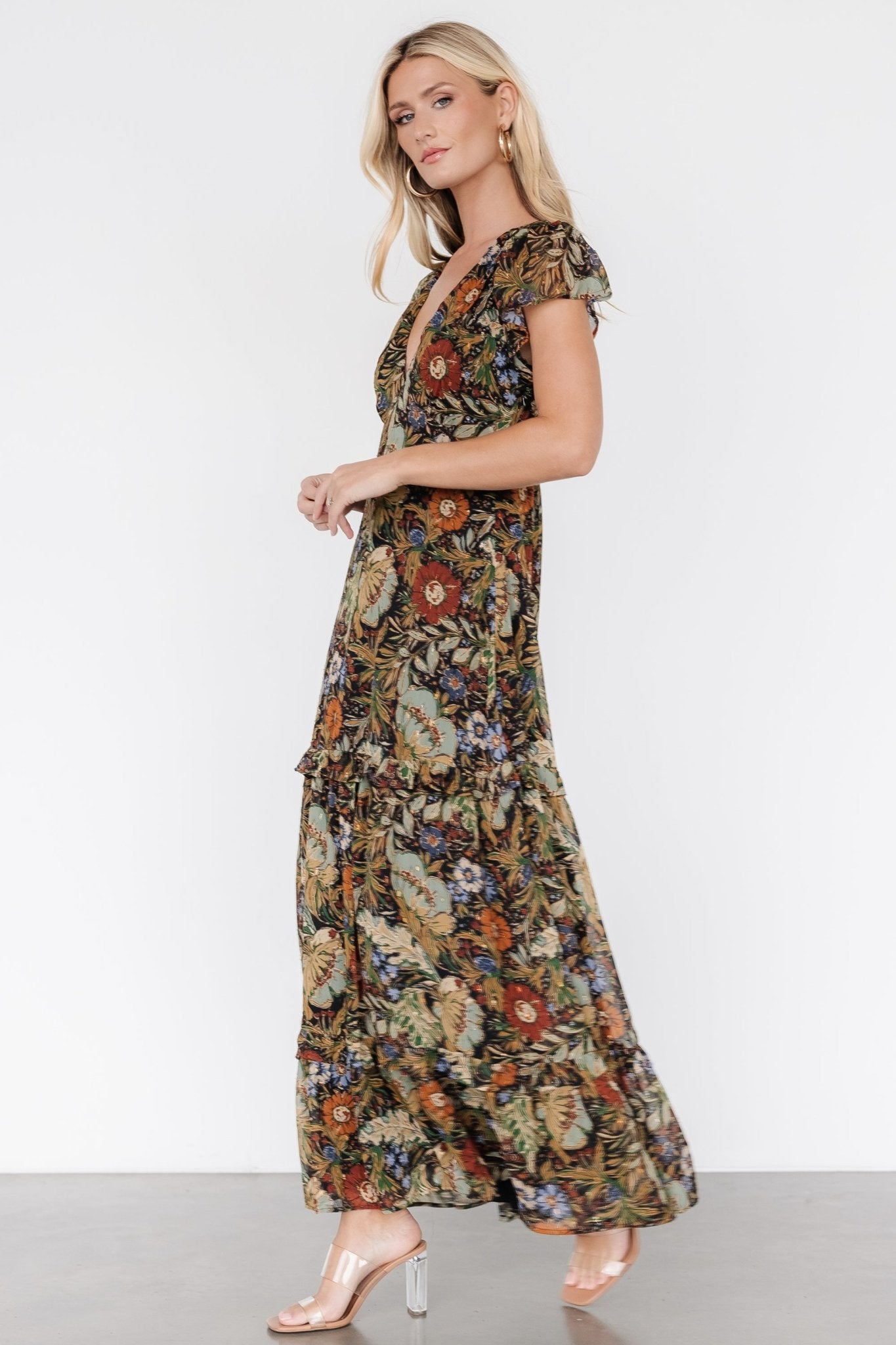 Riverwood Floral V-Neck Maxi Dress with Slit & Ruffle Skirt