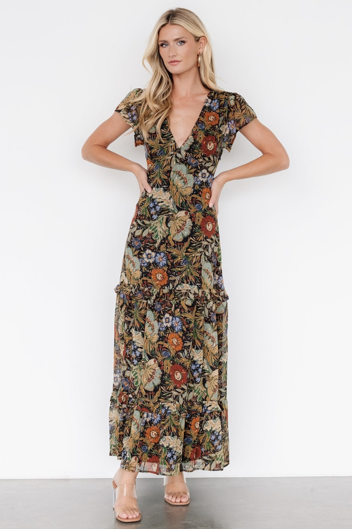Riverwood Floral V-Neck Maxi Dress with Slit & Ruffle Skirt