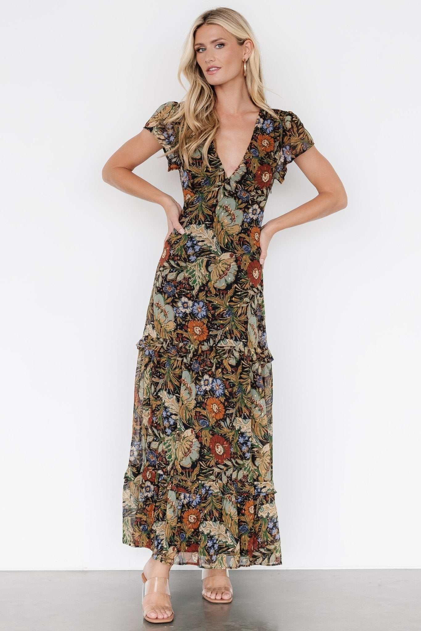 Riverwood Floral V-Neck Maxi Dress with Slit & Ruffle Skirt