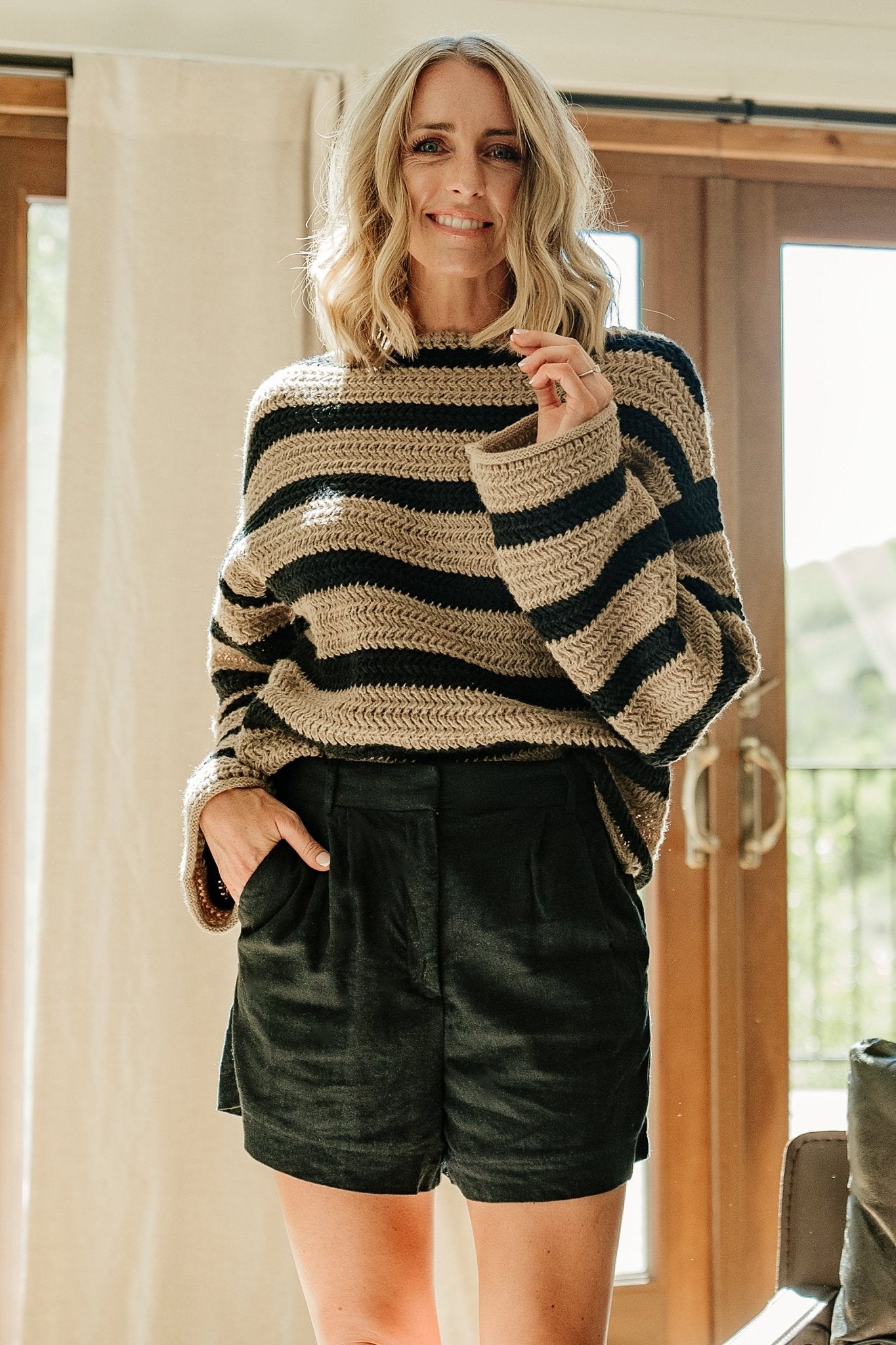 Robbie Striped Knit Sweater in Black & Camel - Cozy Boat Neck Pullover