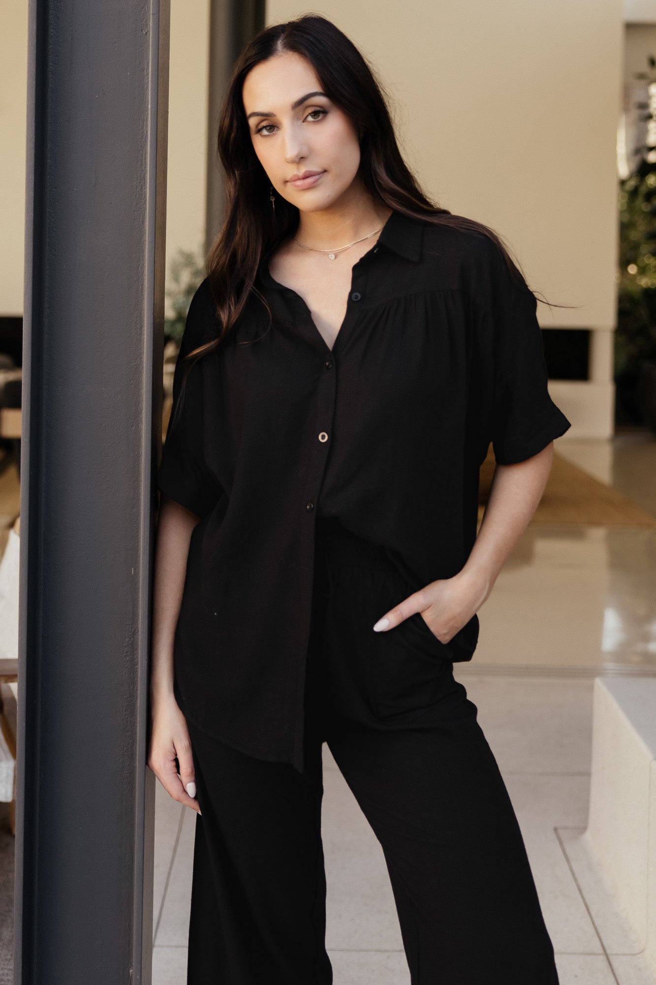 Baltic Born Black Linen Button-Down Top with V-Neck