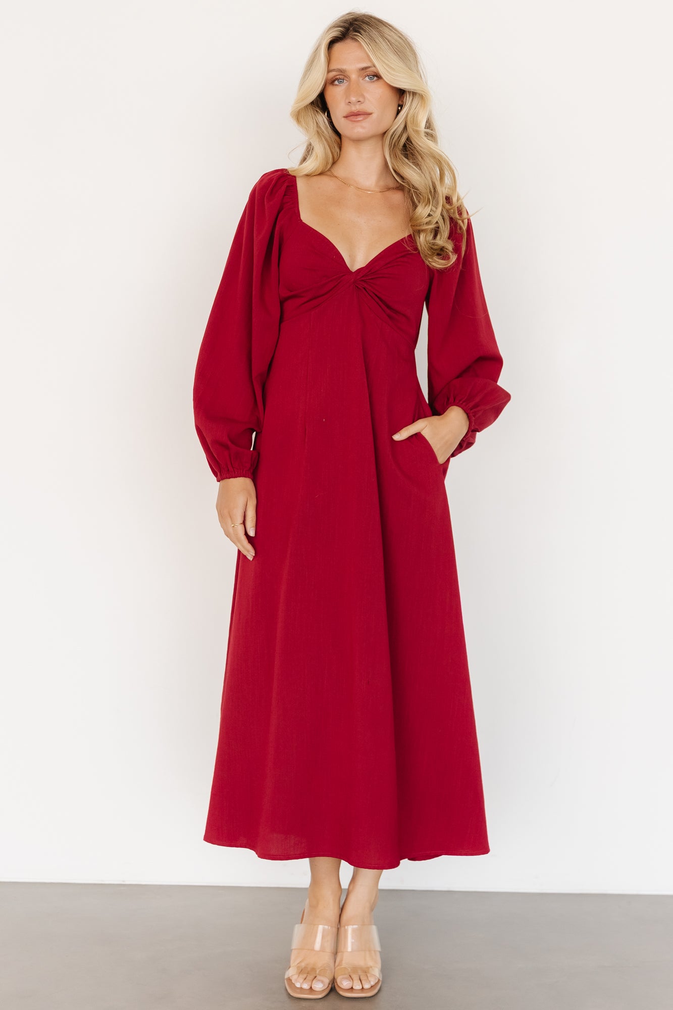Scarlet Red Rosalie Back Tie Midi Dress with Pockets