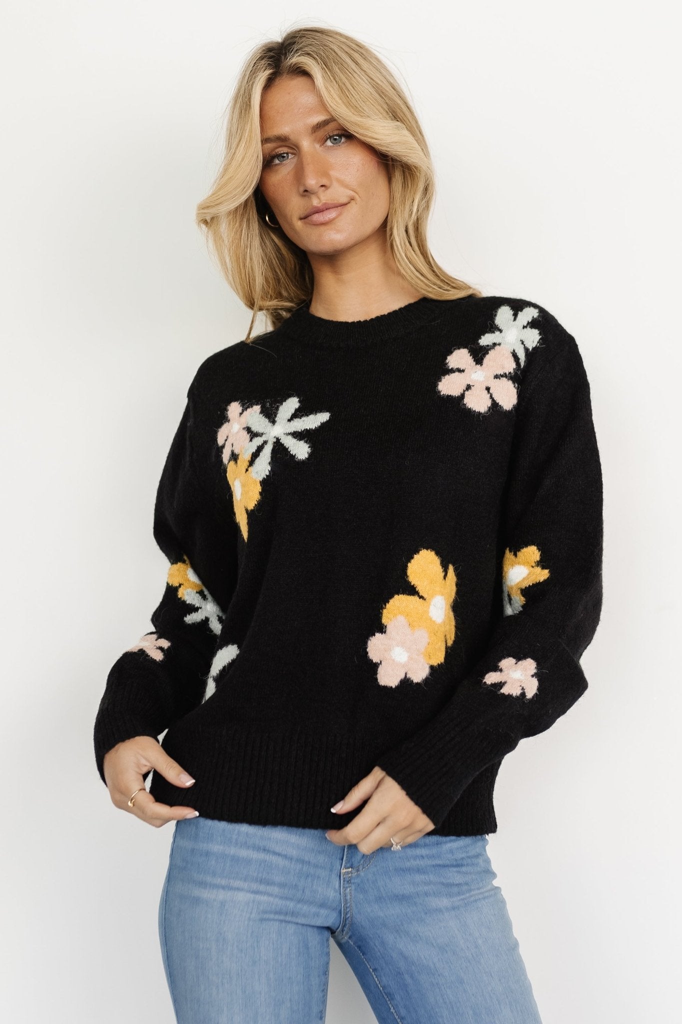 Roxy Black Floral Knit Sweater | Relaxed Fit Long Sleeve