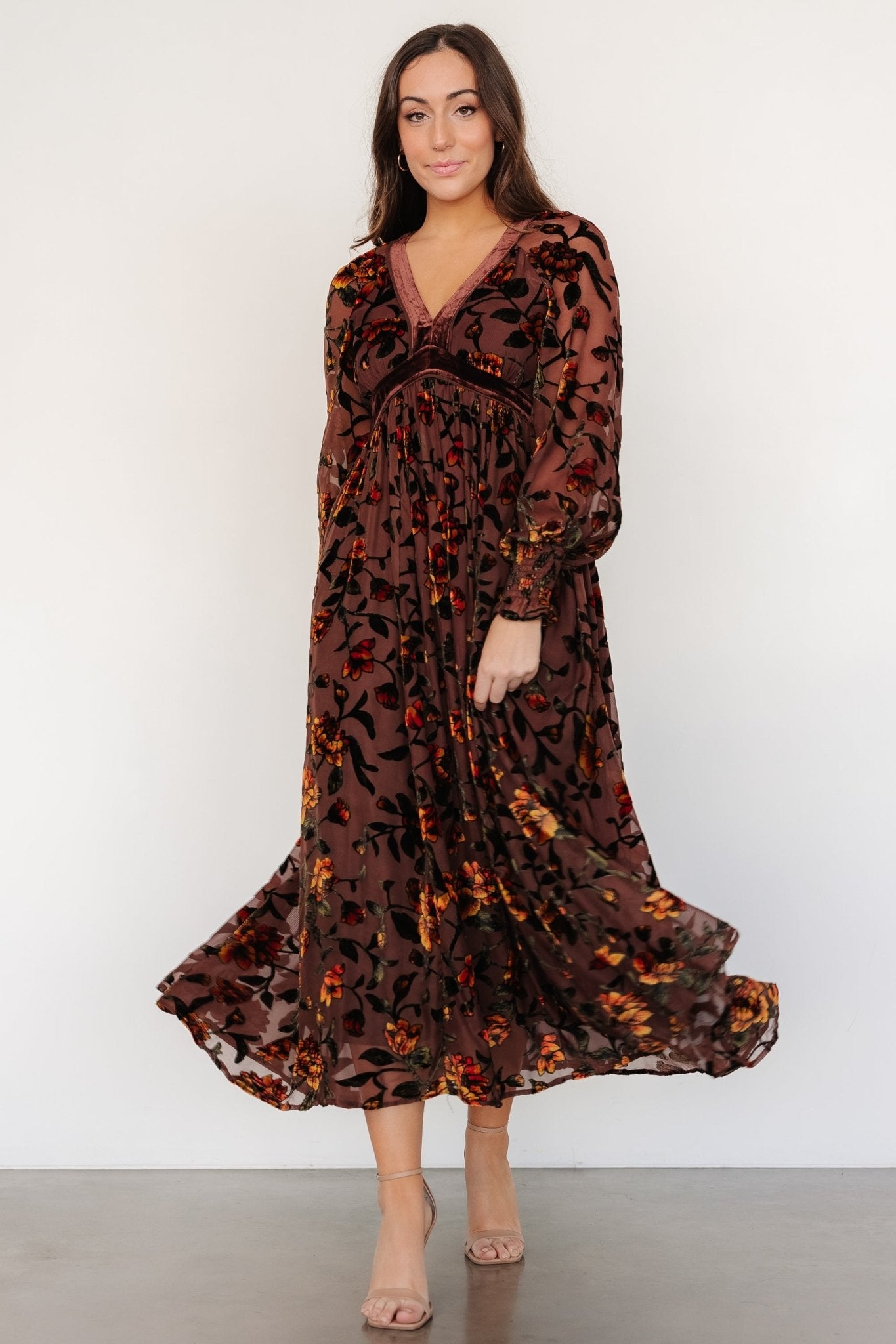 Velvet Floral V-Neck Dress with Sheer Sleeves – Clove + Amber