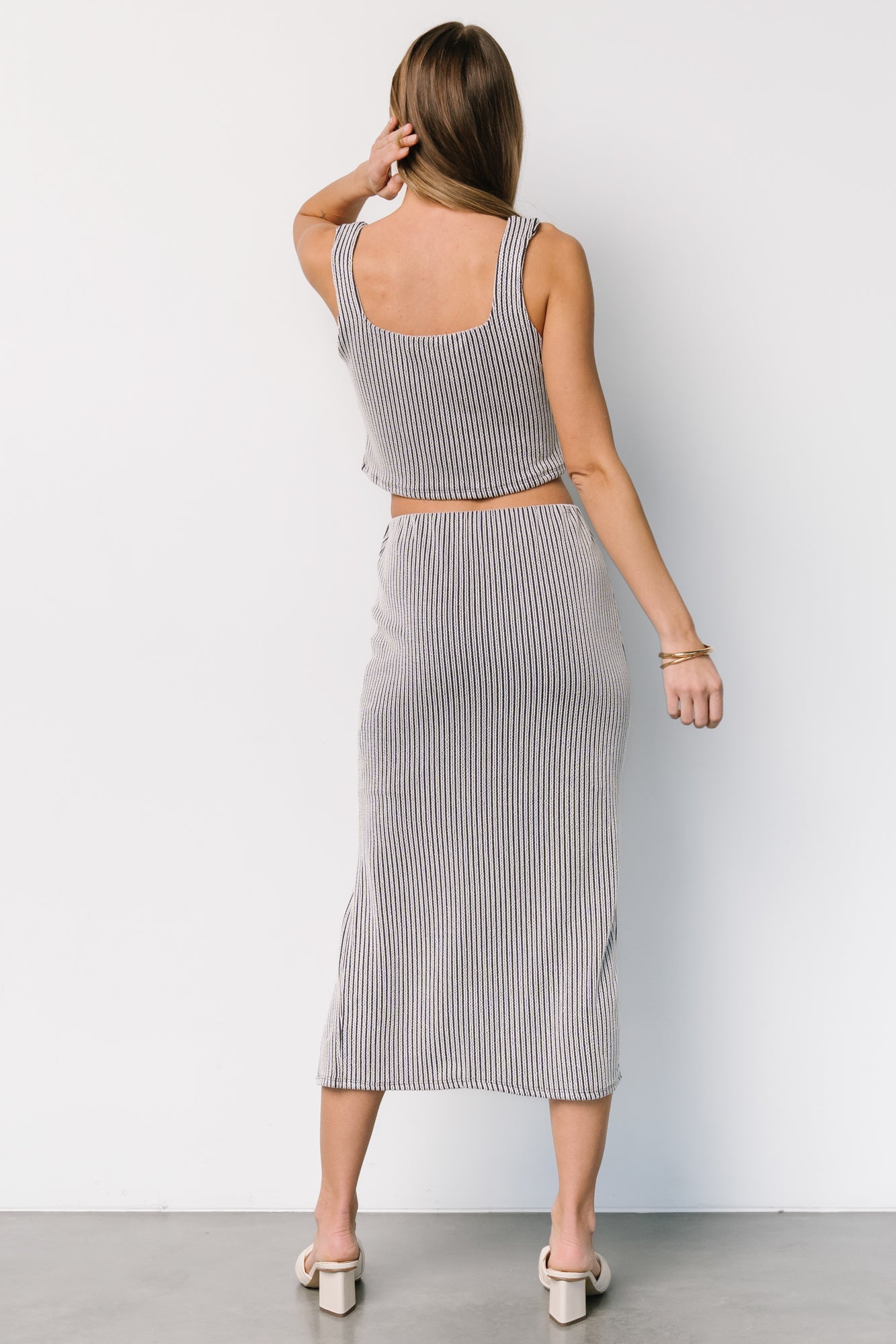 Blue Stripe Sabrina Cropped Tank Top & Midi Skirt Set - Rayon Blend