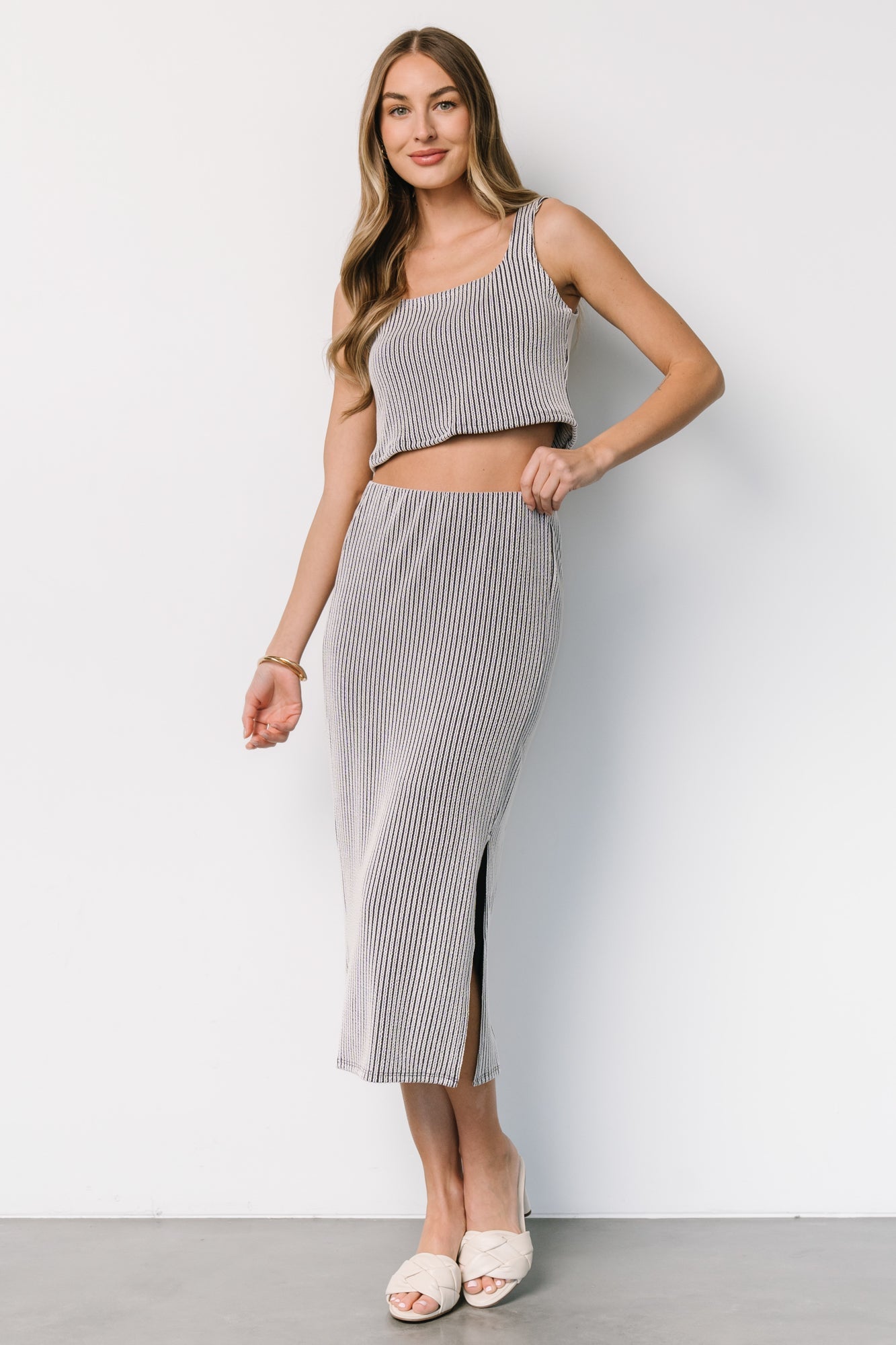Blue Stripe Sabrina Cropped Tank Top & Midi Skirt Set - Rayon Blend