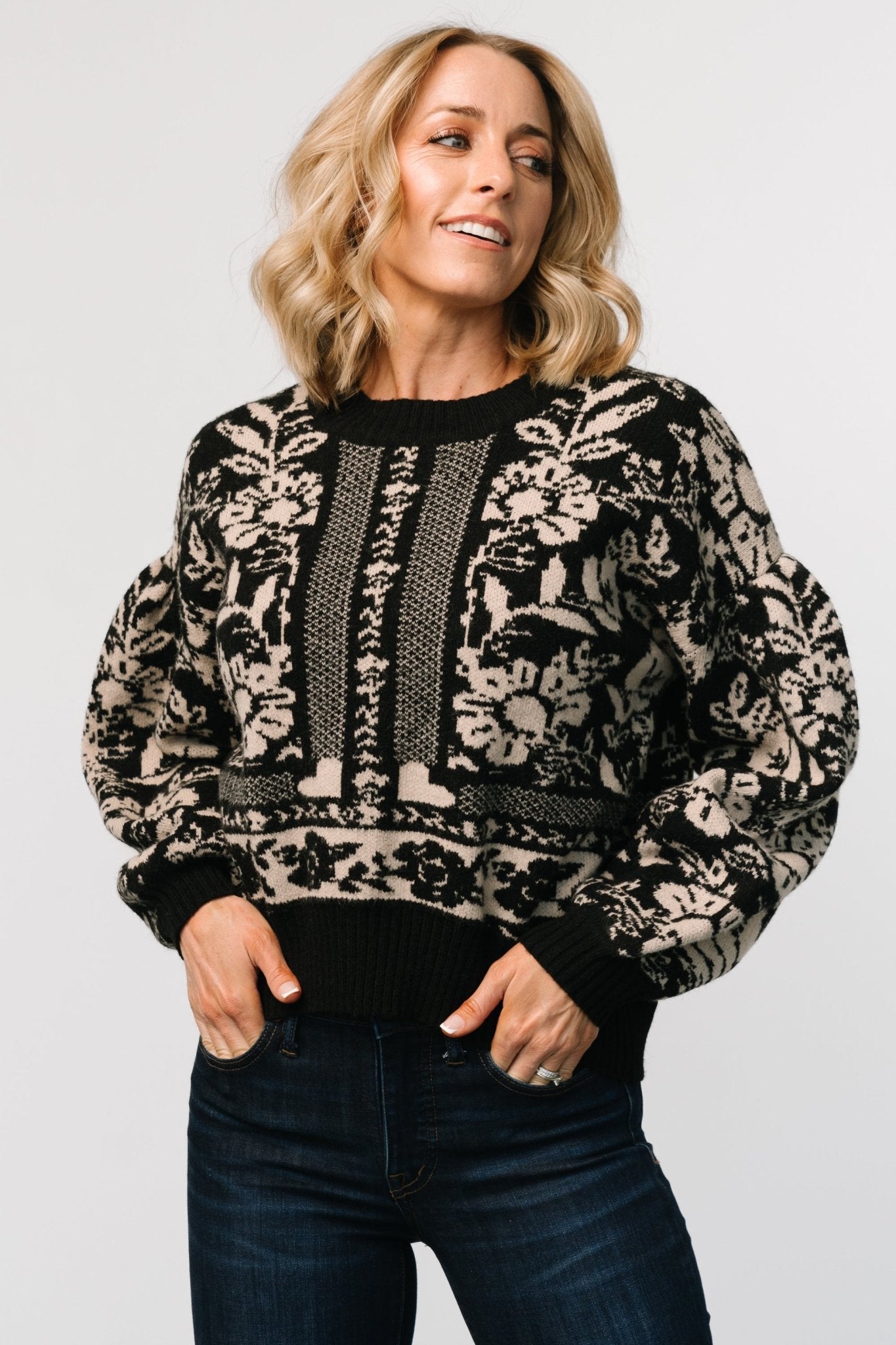 Black Geometric Floral Pattern Sweater | Salzburg Oversized Knit