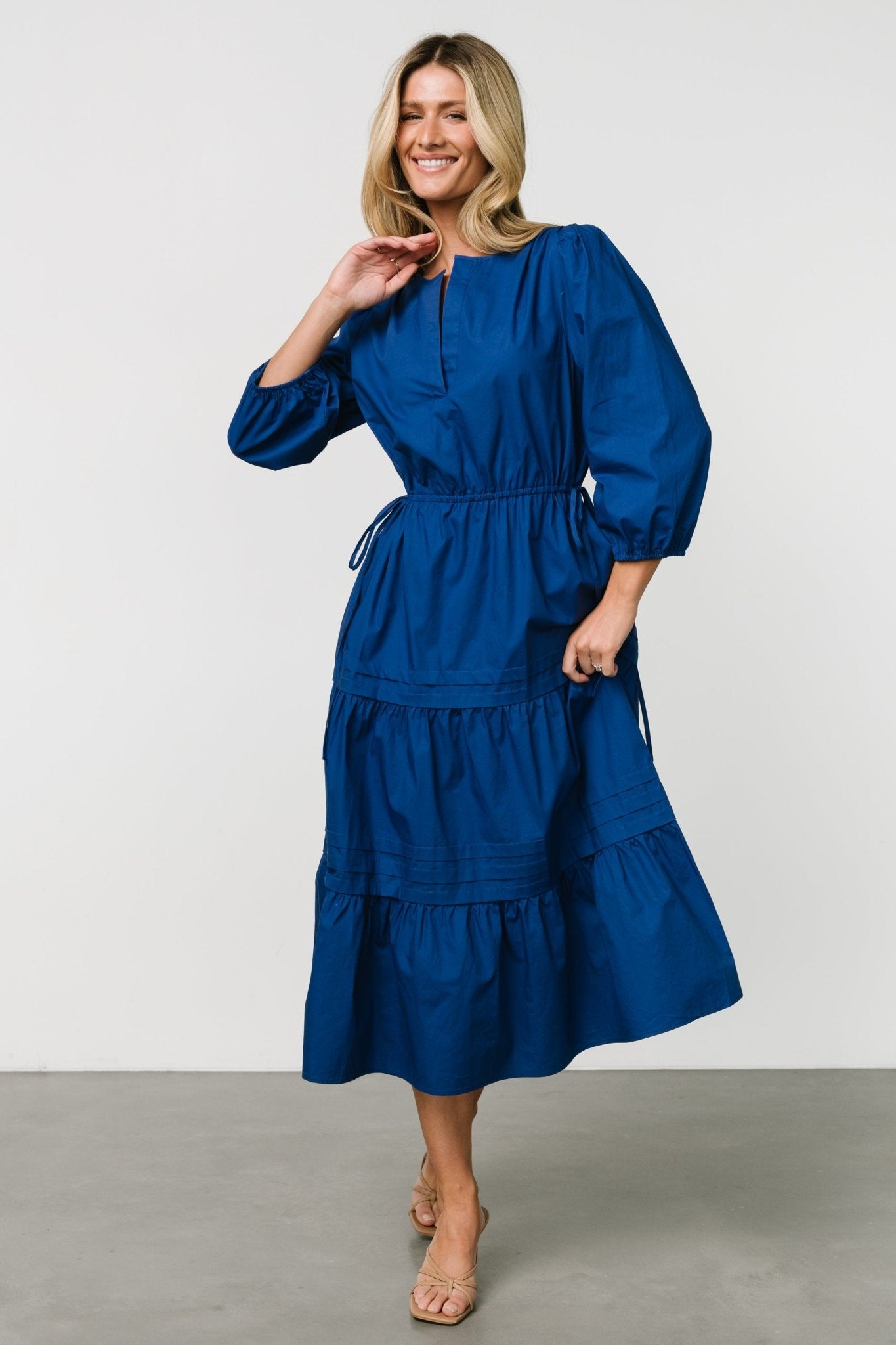 Cobalt Blue Cotton Poplin Midi Dress with Tiered Skirt