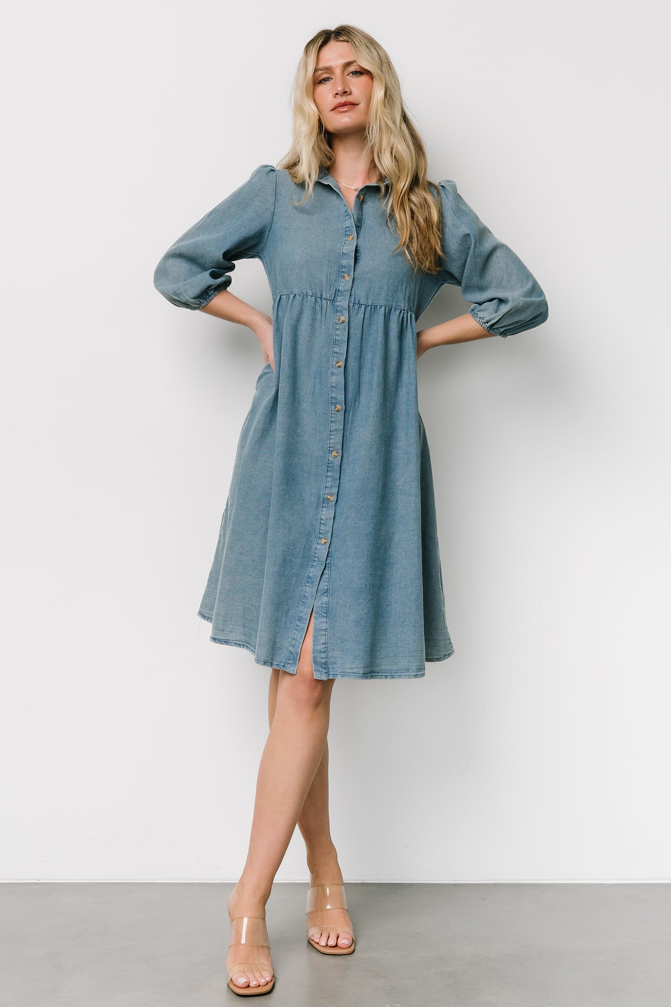 Chambray Babydoll Dress with 3/4 Sleeves & Pockets | Baltic Born