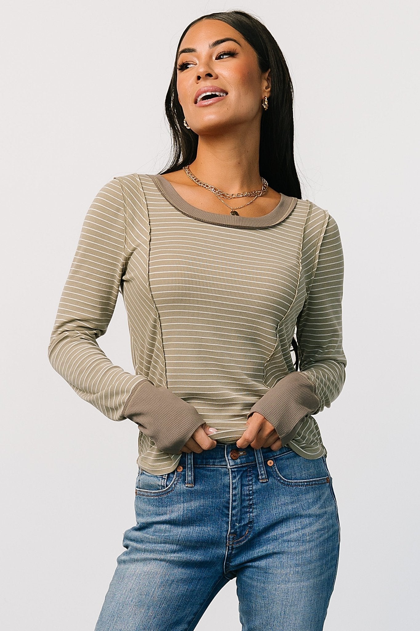 Ashford Olive Green Striped Women's Top | Soft Stretch Fabric