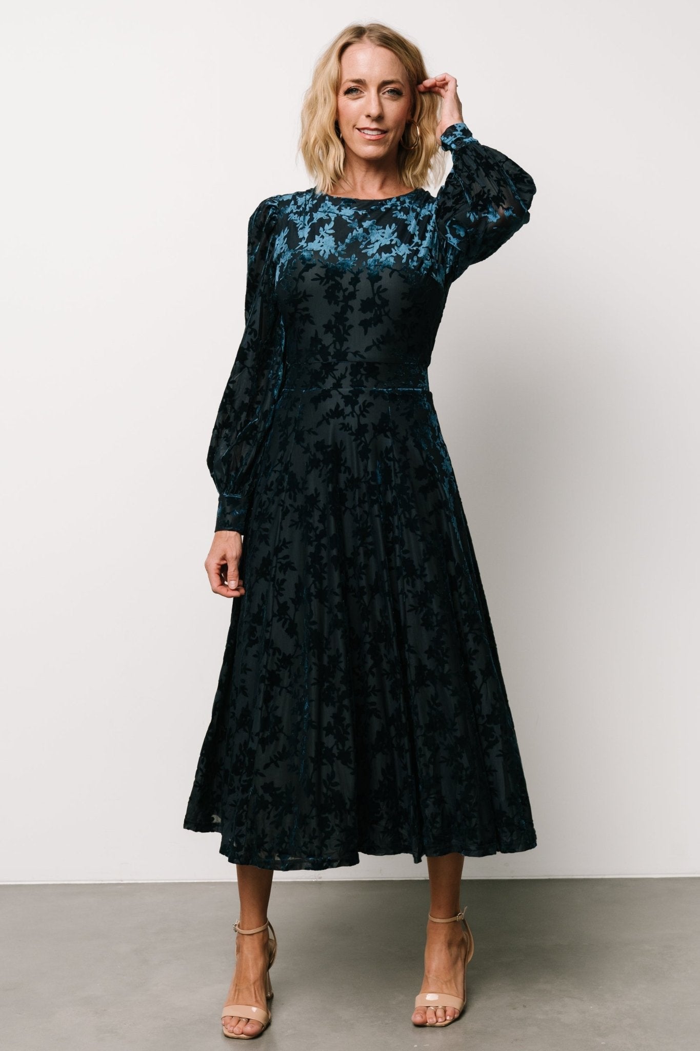 Savi Deep Teal Velvet Tie Back Midi Dress with Long Sleeves