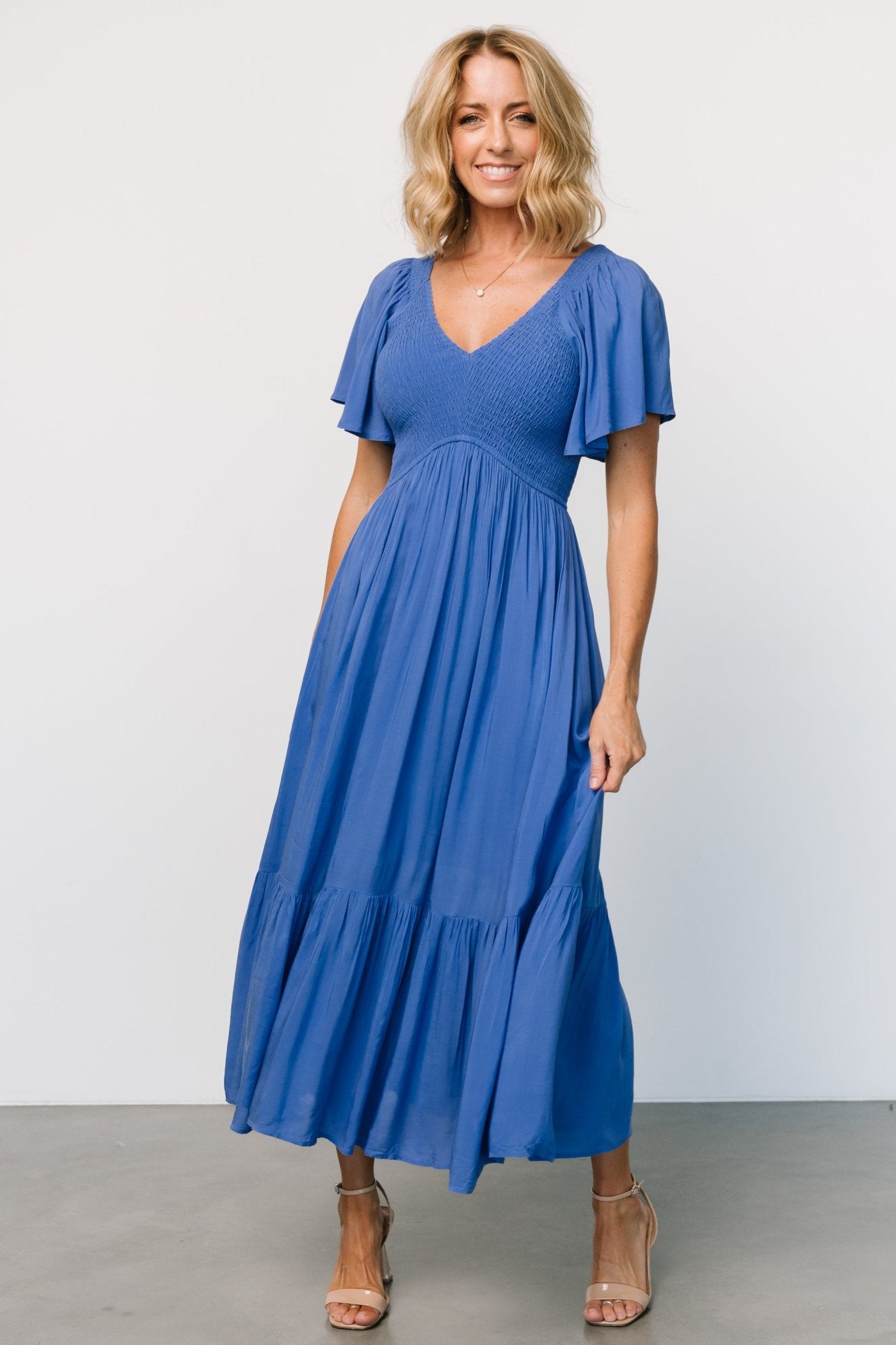 Baltic Born Blue Smocked Midi Dress with Flutter Sleeves