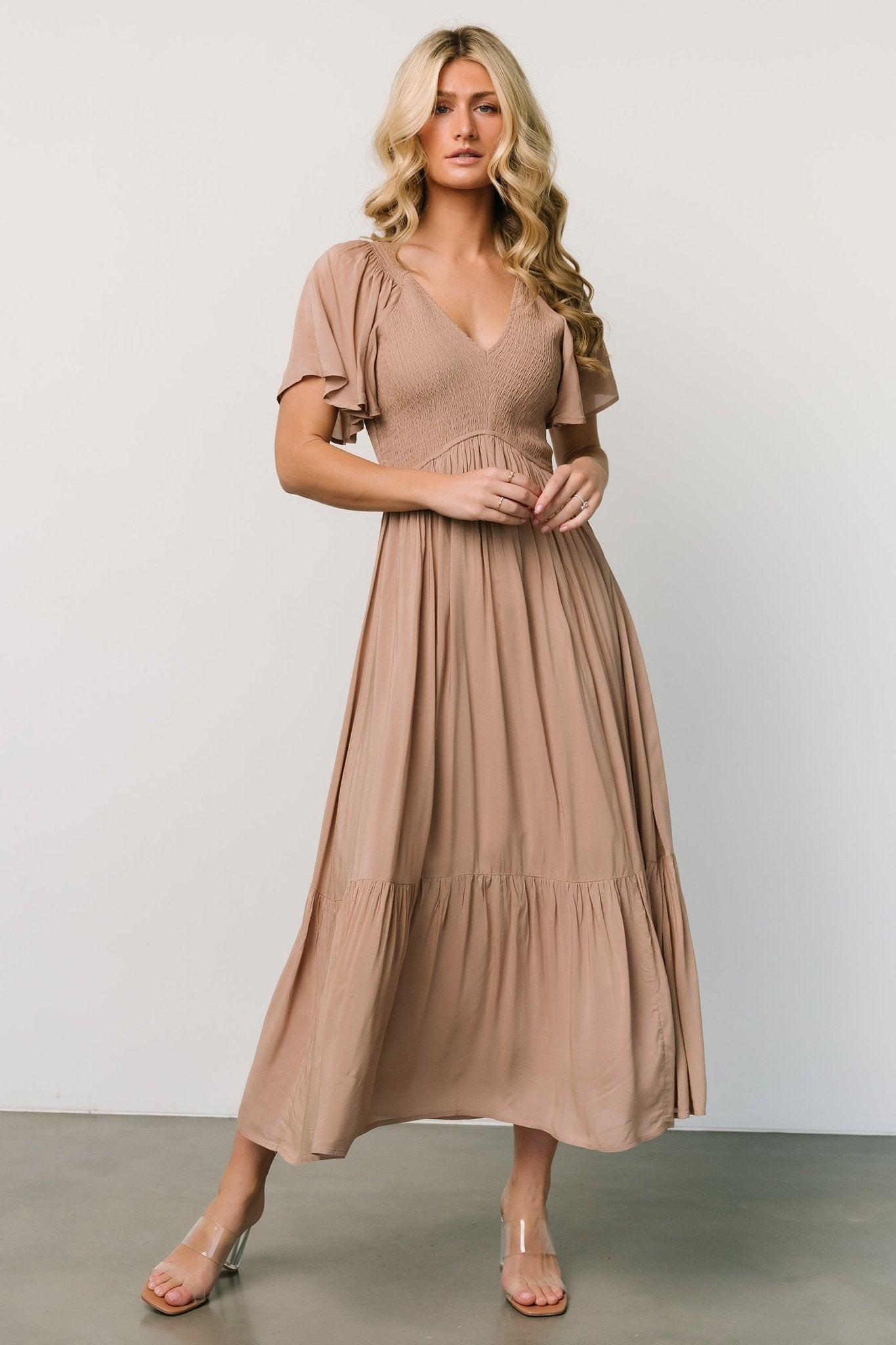 Baltic Born Mocha Smocked Midi Dress with Flutter Sleeves