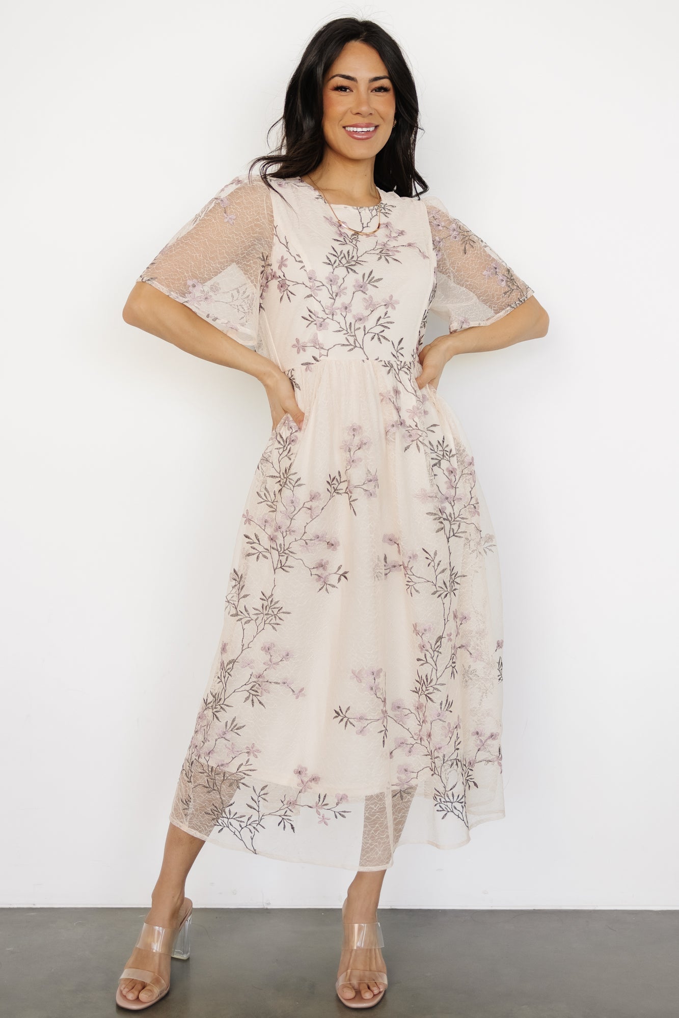 Ashlee Cream Floral Embroidered Midi Dress with Lavender