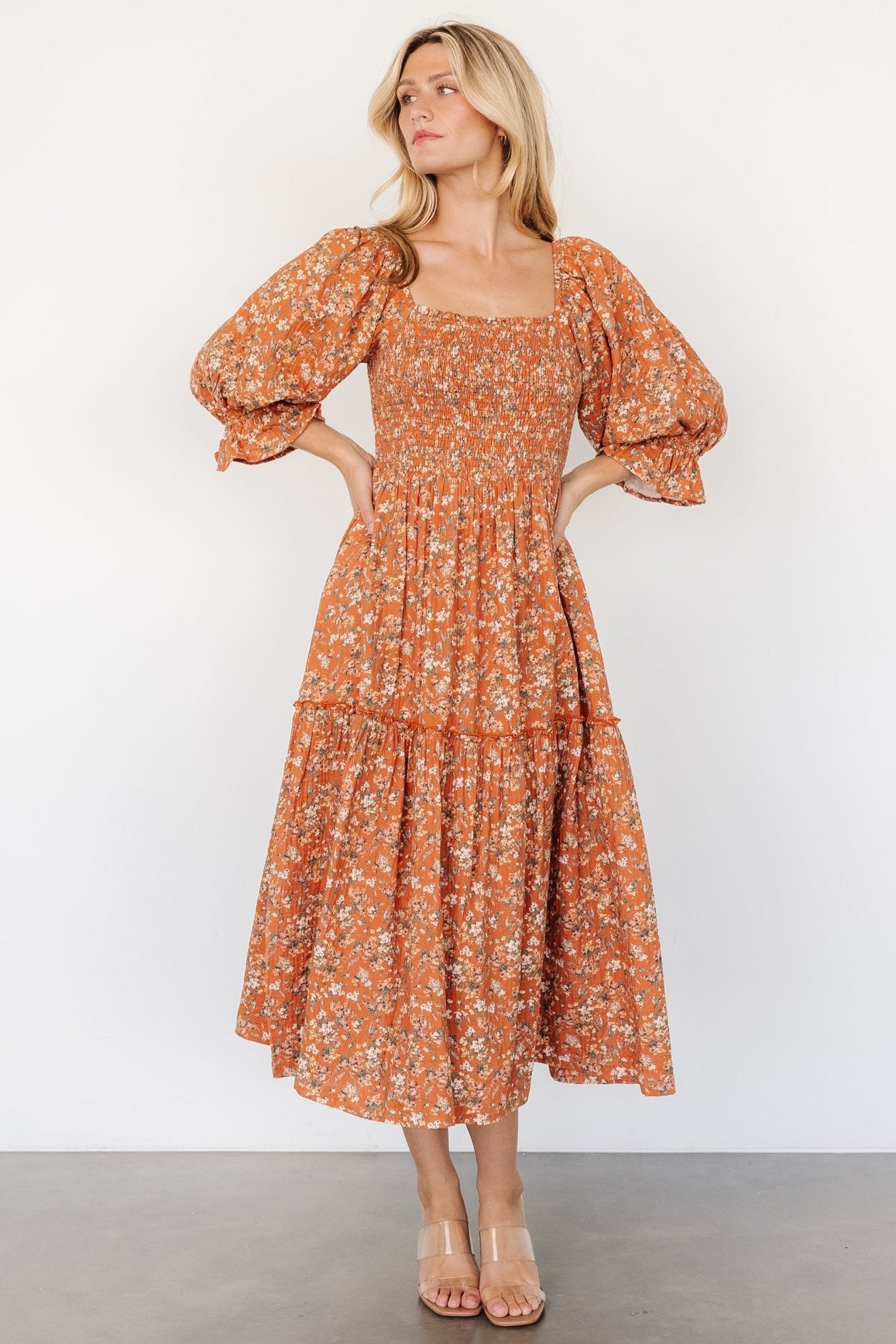 Women's Light Rust Floral Smocked Cotton Dress with Pockets